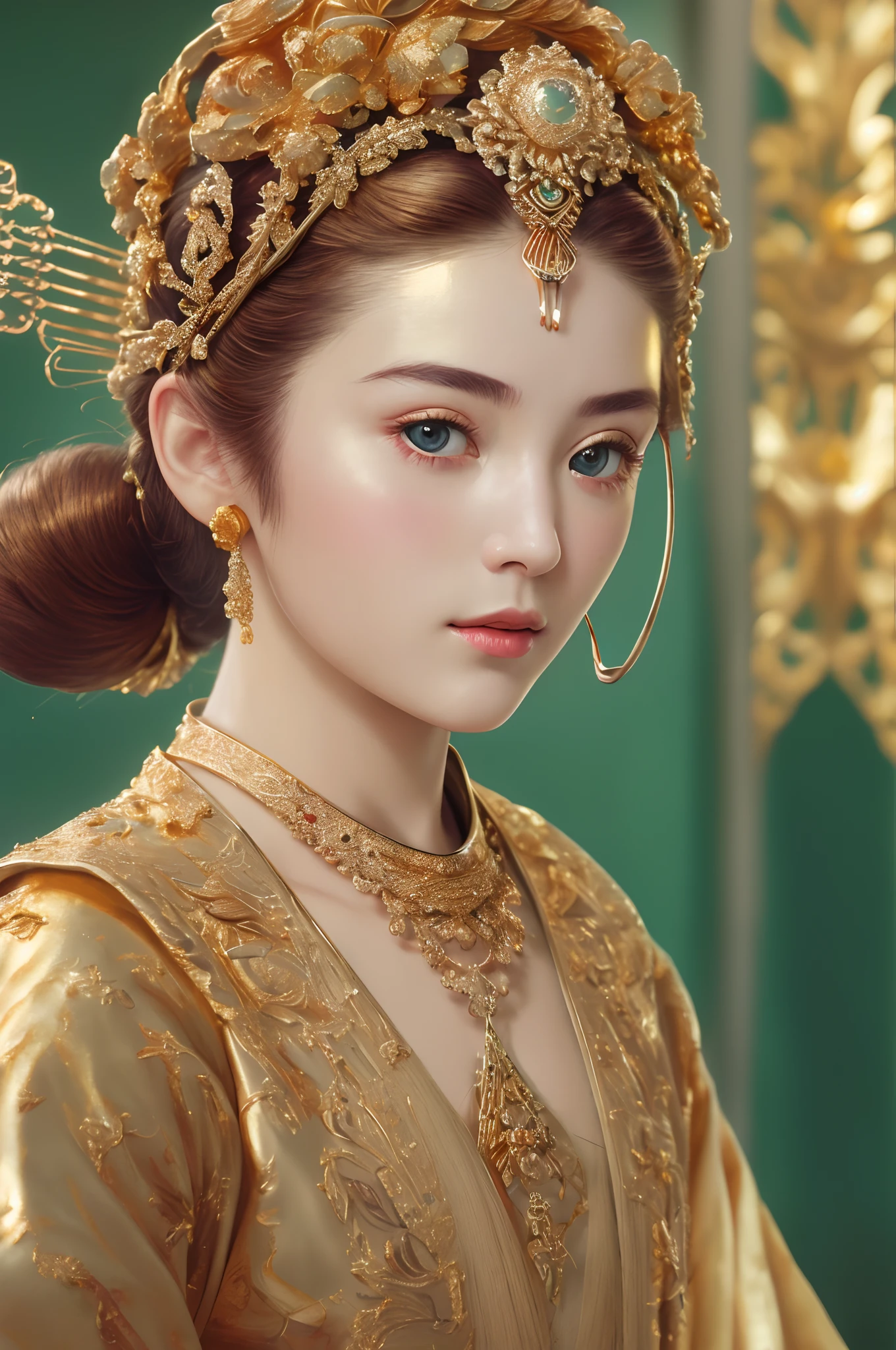 8K high quality, Detailed, Color simulation photo, Masterpiece, Photorealistic, Vivid color film, masterclass, heavy (filmgrain), Fujicolor 400, Nikon F401,Close up,single hairbun,(a gold hairstick on her head:1.5),