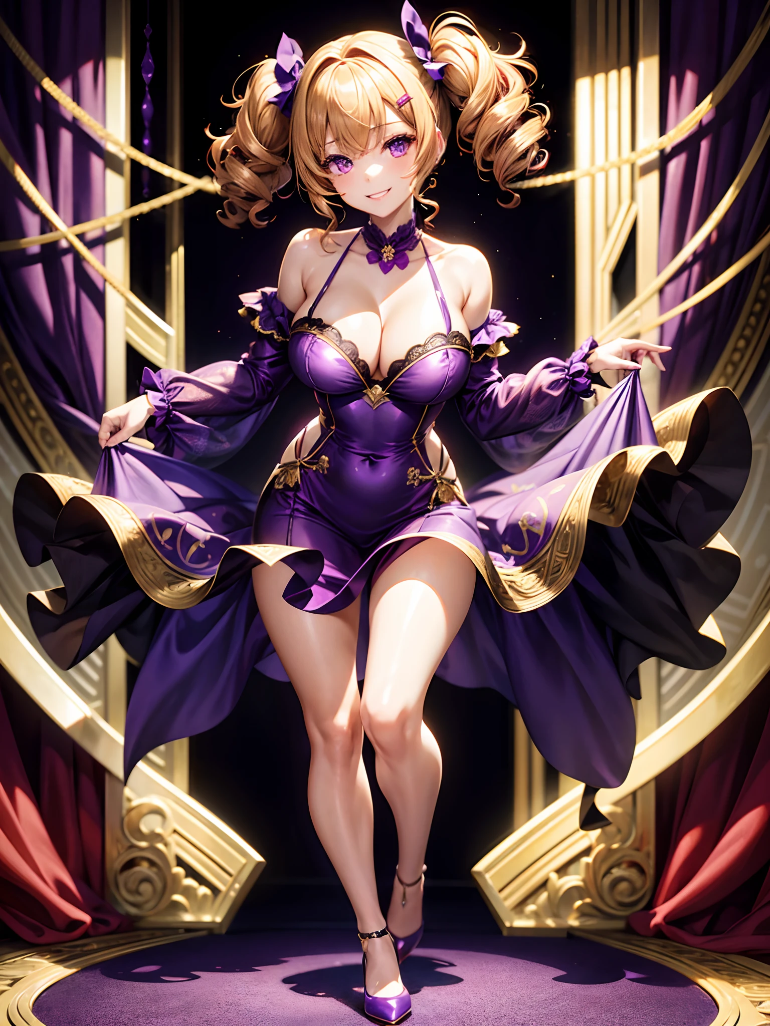 1girl, solo, short hair, golden hair, curly twintail, purple night dress, cleavage, purple eyes, red high heels, grin, looking at the viewer, full body, red heart shaped hairclip, golden pattern on dress