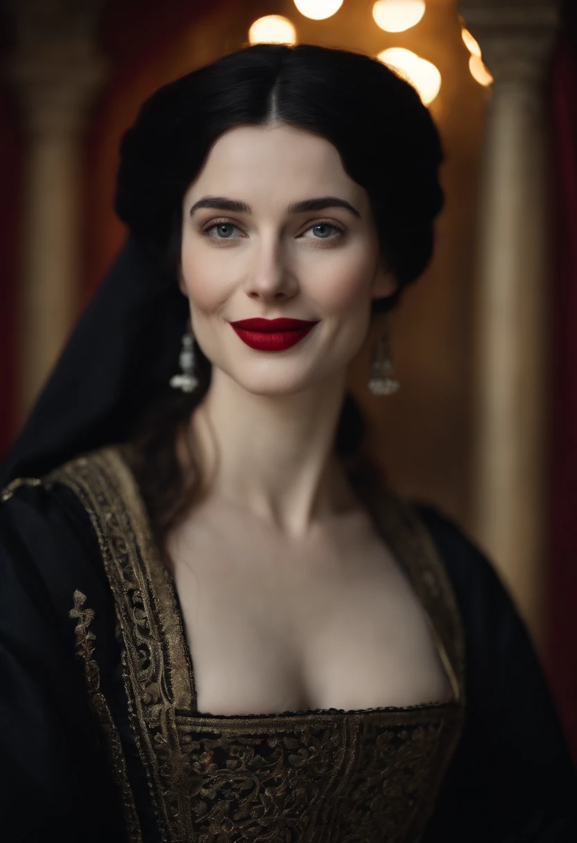 smiling fourteenth century french courtesan beautiful in black clothing. Pale skin, Black hair, red lips