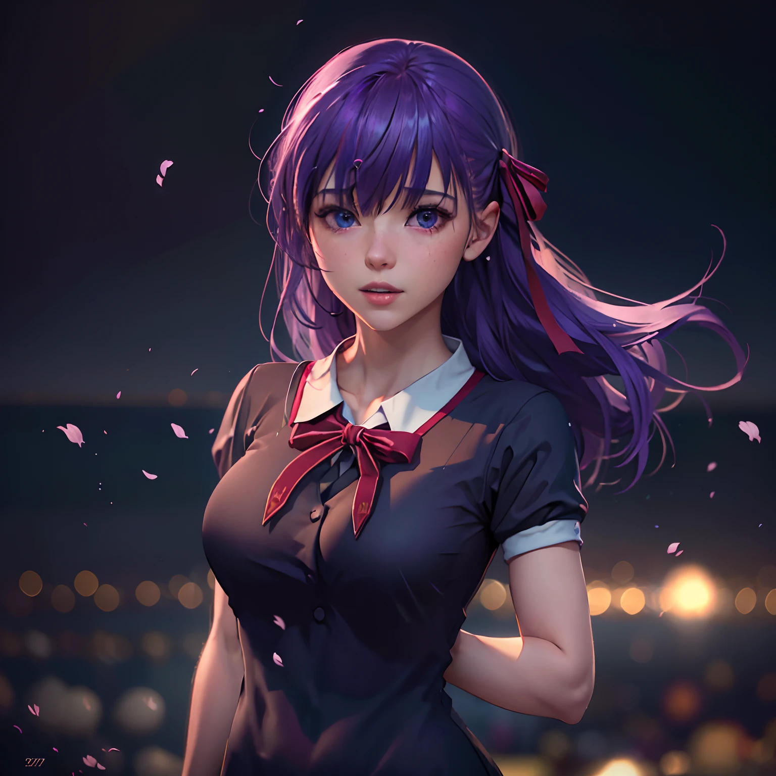 ((Personagem hyper realista)), (Sakura Matou de 18 anos), Grande Ordem do Destino, ((defronte/corpo inteiro/, corpo perfeito, corpo intrincado)), mid hair, cabelo roxo, vestido preto com tons de roxo, /Hiper realista, qualidade extrema, maximum details, max quality, Hyper realistic Cinematic lighting/