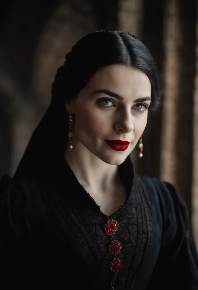 smiling fourteenth century french courtesan beautiful in black clothing. Pale skin, Black hair, red lips