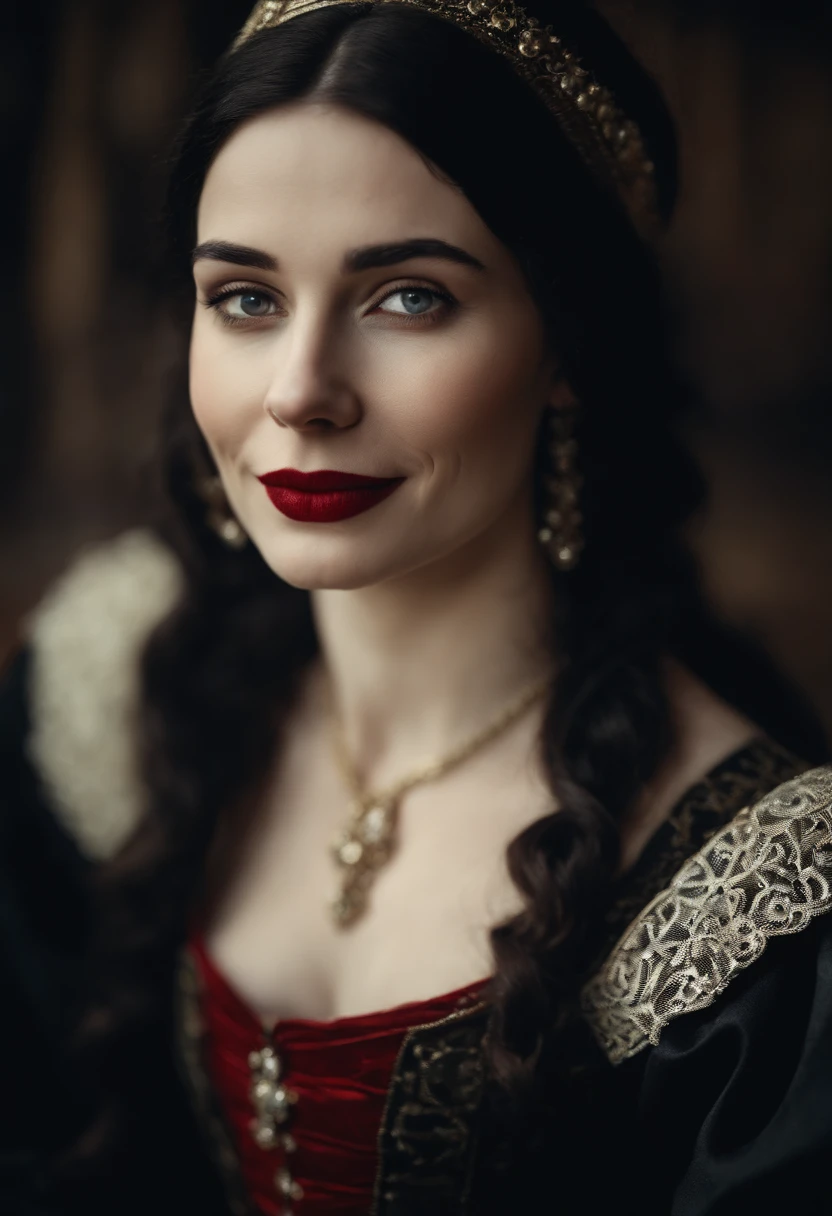 smiling fourteenth century french courtesan beautiful in black clothing. Pale skin, Black hair, red lips