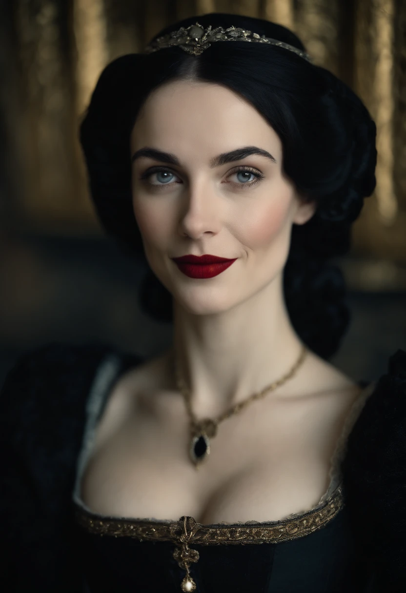 smiling fourteenth century french courtesan beautiful in black clothing. Pale skin, Black hair, red lips