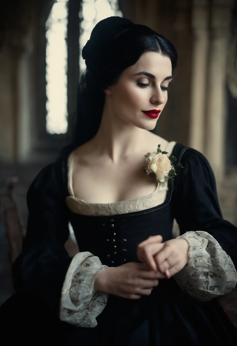happy fourteenth century french courtesan beautiful in black clothing. Pale skin, Black hair, red lips