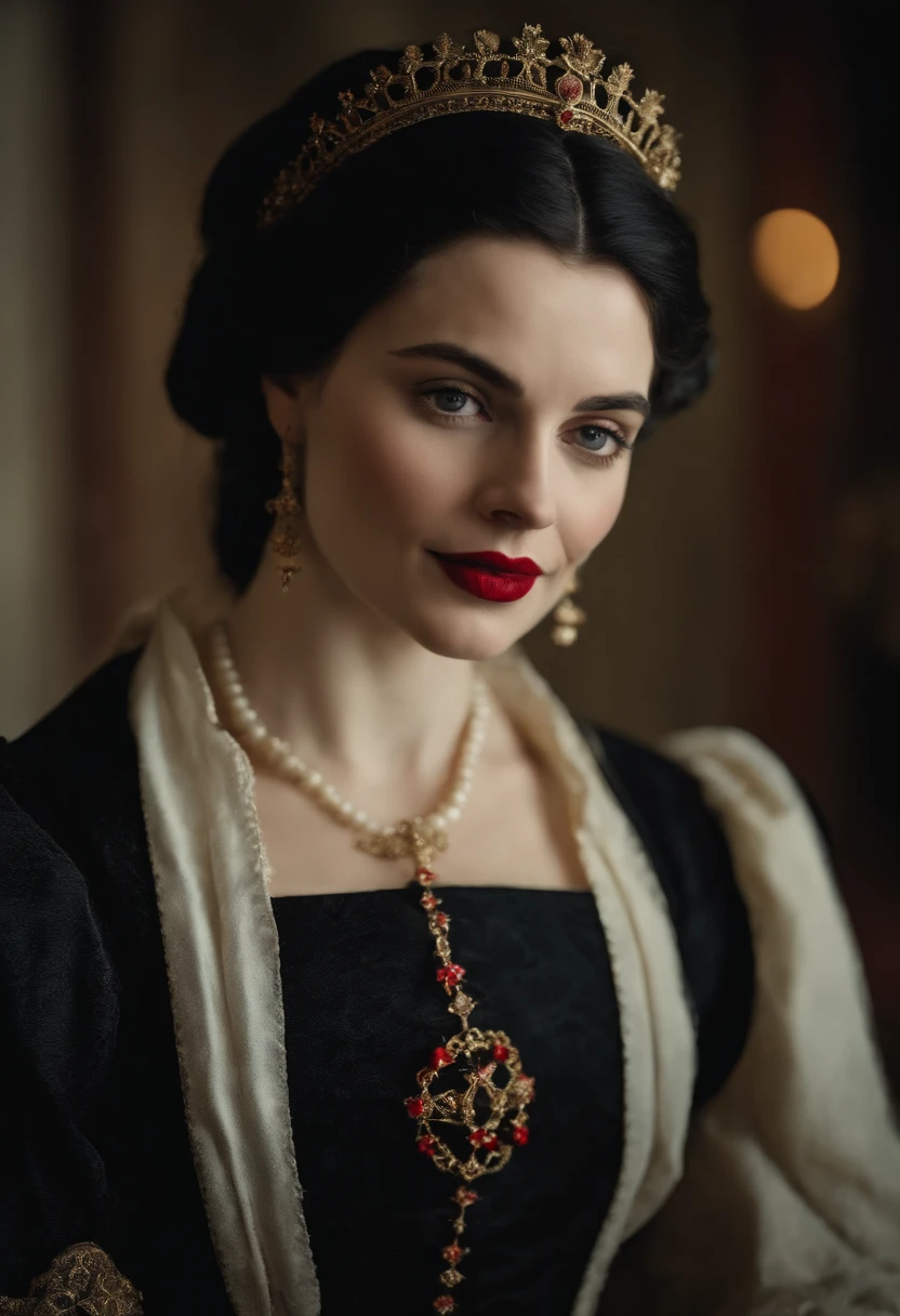 happy fourteenth century french courtesan beautiful in black clothing. Pale skin, Black hair, red lips