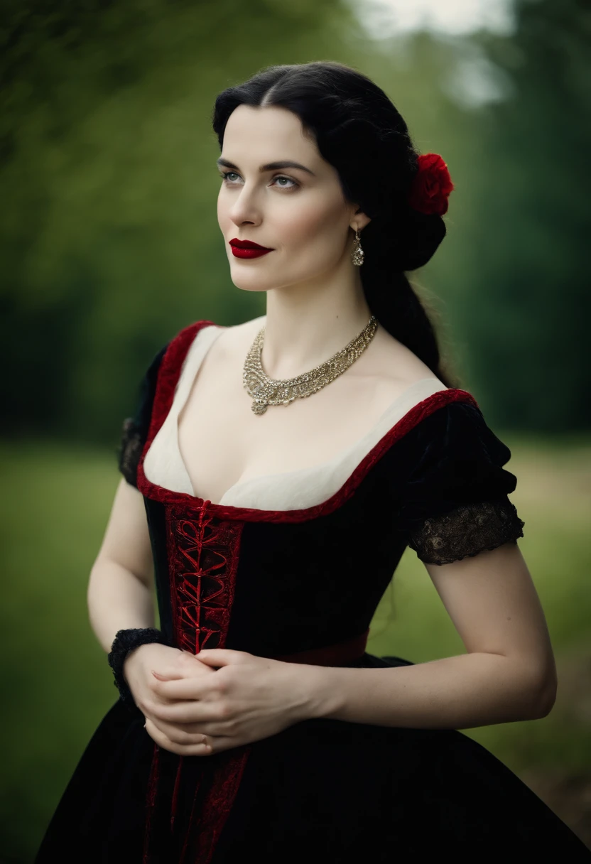 happy fourteenth century french courtesan beautiful in black clothing.  Pale skin, Black hair, red lips
