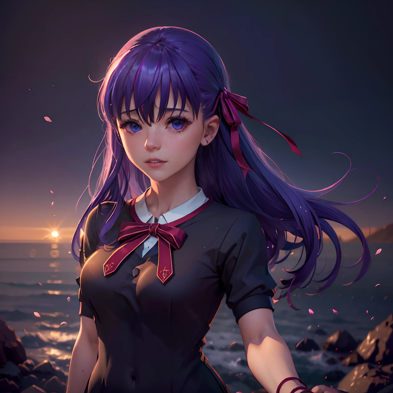 ((Personagem hyper realista)), (Sakura Matou de 18 anos), Grande Ordem do Destino, ((defronte, (corpo inteiro), corpo perfeito, corpo intrincado)), mid hair, cabelo roxo, vestido preto com tons de roxo, /Hiper realista, qualidade extrema, maximum details, max quality, Hyper realistic Cinematic lighting/