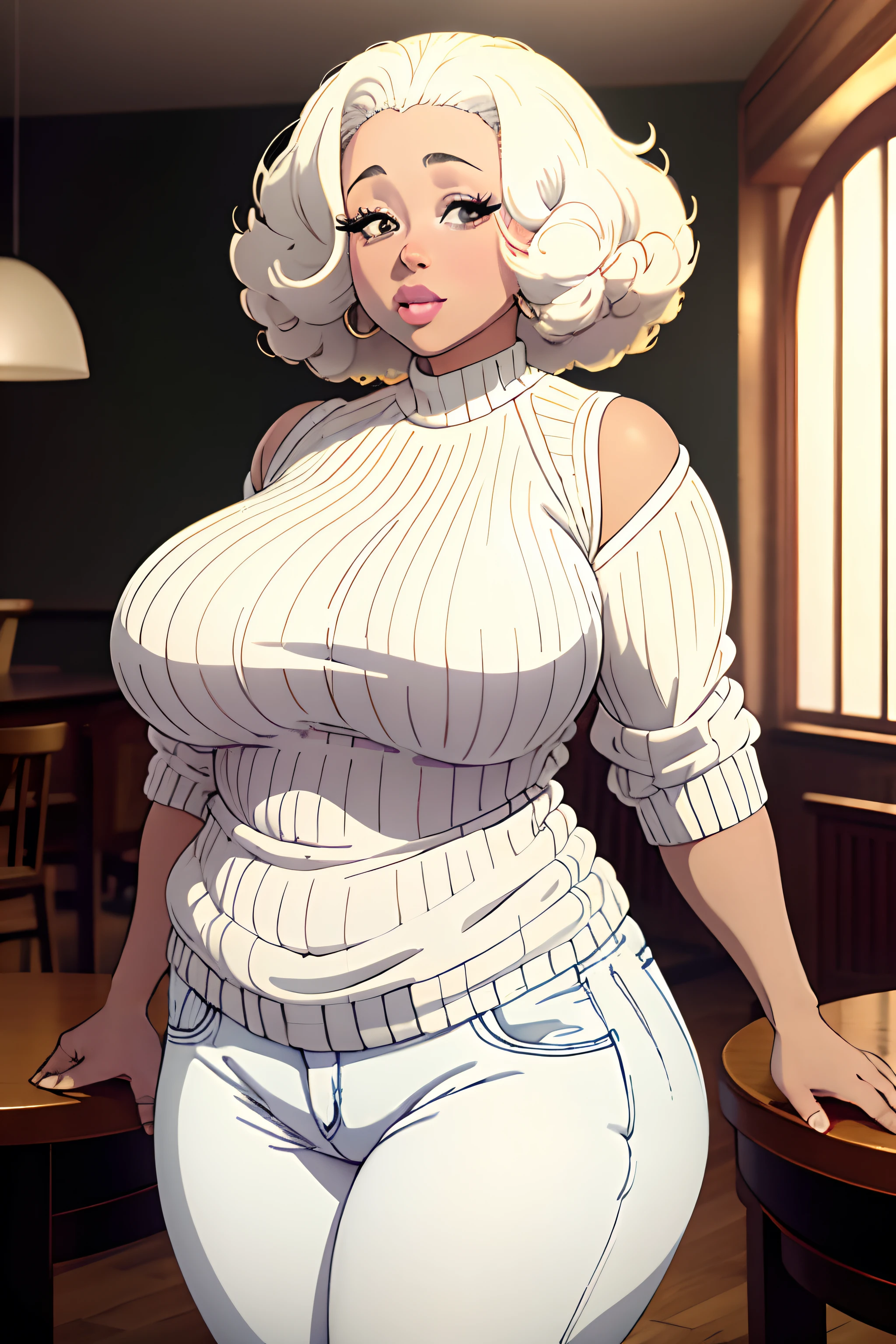 One Women, Albino, chubby-cheeks, pearly curly afro, albino-eyes, full lips, hourglass-physique, small-breasts, plump-butt, off the shoulders sweater, skinny jeans