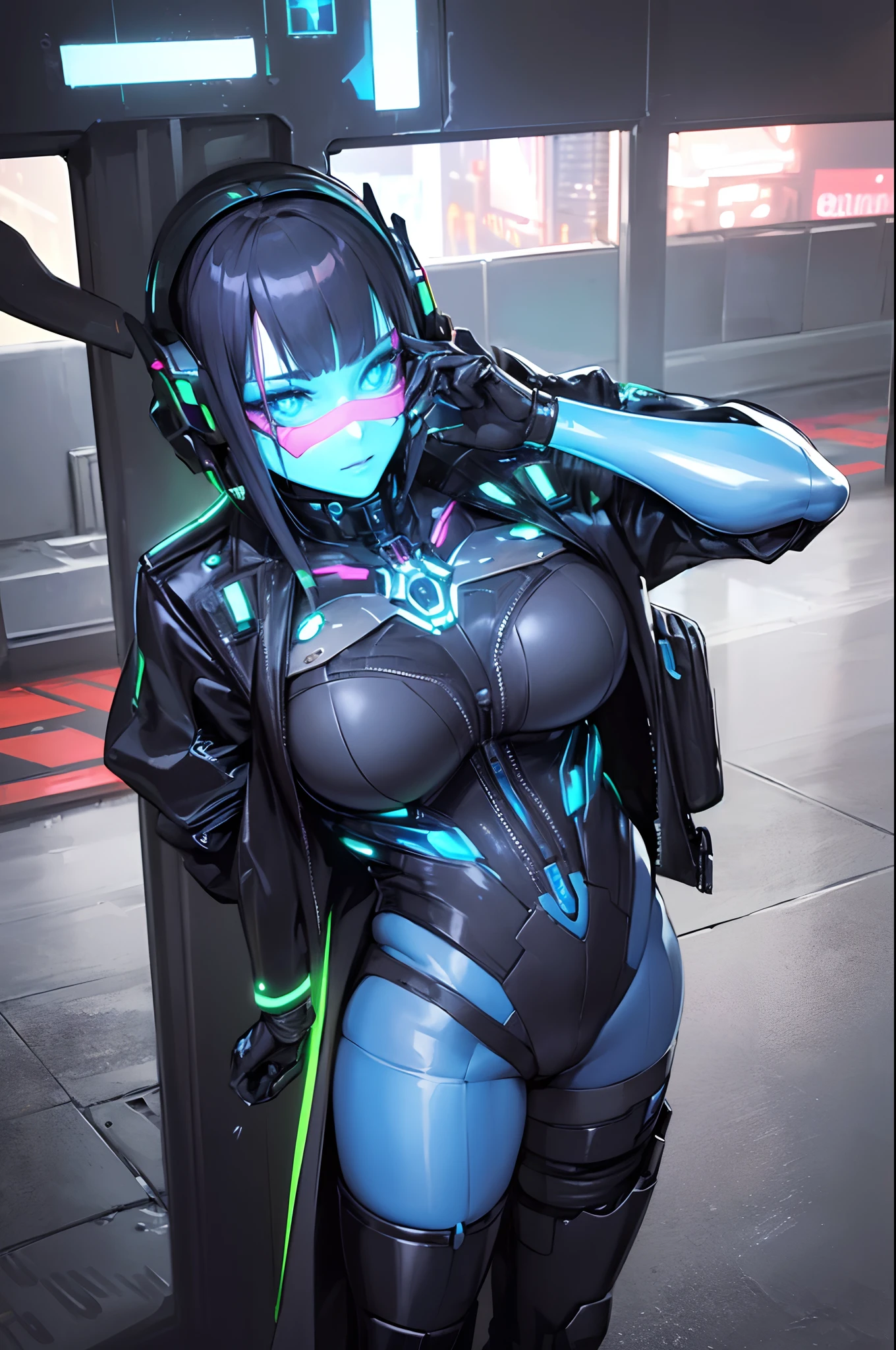 (Best quality,highres:1.2), ultra-detailed, (realistic:1.3), cyberpunk, futuristic, portrait, shiny revealing latex outfit, cyber implants, virtual reality, glowing makeup, metallic body parts, body modification, techno atmosphere, cityscape background, hovering robotic arms, advanced technology, electric blue color palette, surreal lighting.