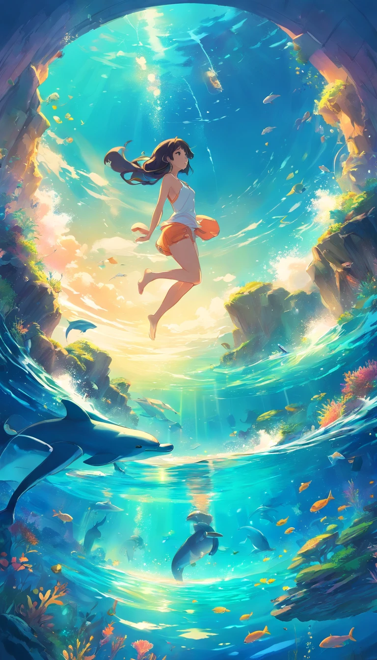 k hd,Magical dreams,landscapes,photorealestic,Illustration of dolphins swimming in colorful waters, Look up at the composition, Jellyfish and whales, Inspired by Cyril Rolando, beautiful artwork illustration, author:ao, Colorful concept art, Makoto Shinkai Cyrillo Rolando, Cyril Rolando (Cyril Rolando) style of, cetus, Very detailed watercolor 8K, Very delicate watercolor 8K,Octane,fine,realisitic,8K,Makoto Shinkai Style( Reasonable design, clear lines, high sharpness,Best Quality, Very detailed, Master Part, movihting effects, 4k ),A boy and a girl swim at the bottom of the sea,Magical dreams,fishes,