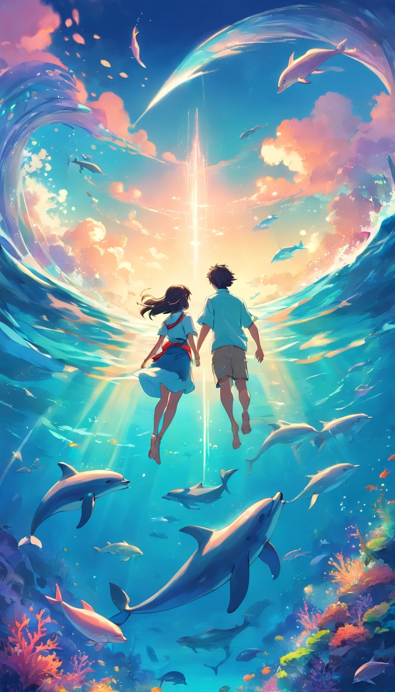 k hd,Magical dreams,landscapes,photorealestic,Illustration of dolphins swimming in colorful waters, Look up at the composition, Jellyfish and whales, Inspired by Cyril Rolando, beautiful artwork illustration, author:ao, Colorful concept art, Makoto Shinkai Cyrillo Rolando, Cyril Rolando (Cyril Rolando) style of, cetus, Very detailed watercolor 8K, Very delicate watercolor 8K,Octane,fine,realisitic,8K,Makoto Shinkai Style( Reasonable design, clear lines, high sharpness,Best Quality, Very detailed, Master Part, movihting effects, 4k ),A boy and a girl swim at the bottom of the sea,Magical dreams,fishes,