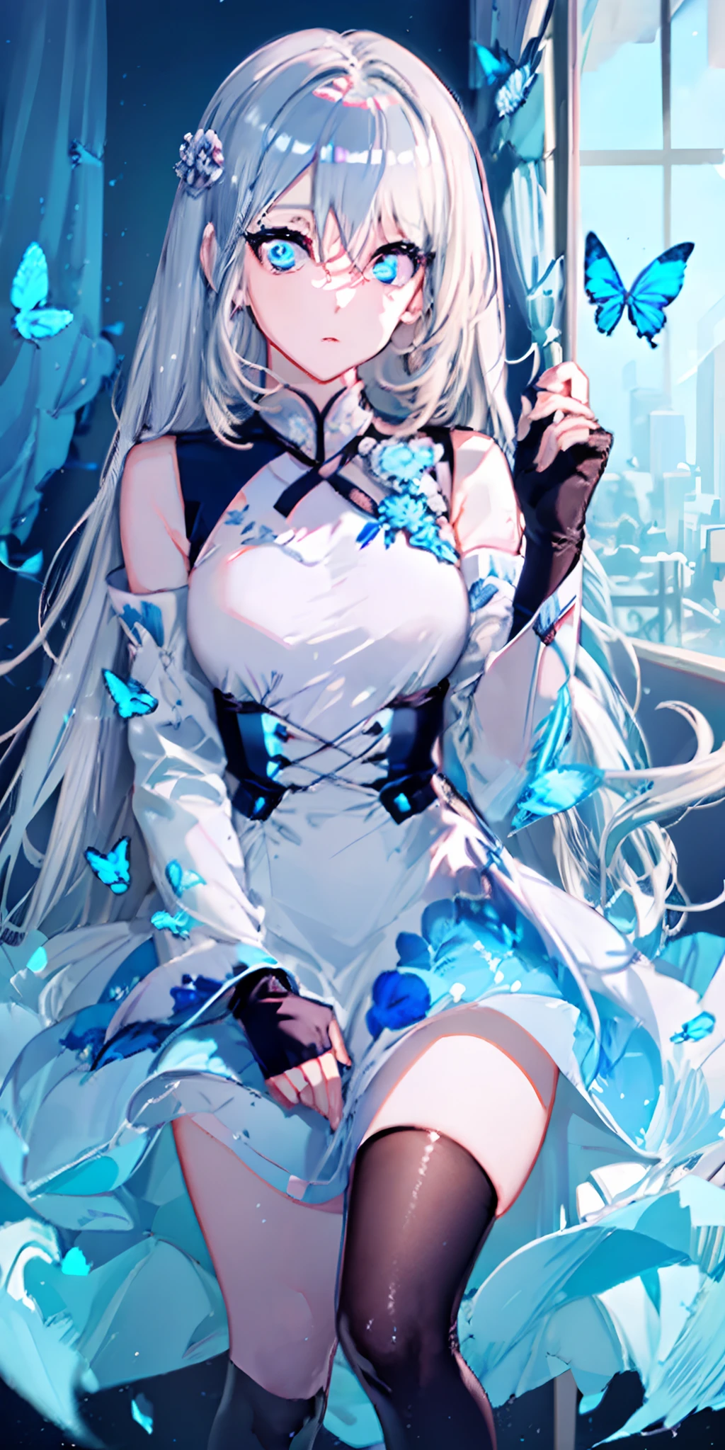 (Overhead view),dynamic angle,ultra-detailed, illustration, close-up, straight on, 1girl, (fantasy:1.4), (azure blue eyes:1.233),Her eyes shone like dreamy stars,(glowing eyes:1.233),(beautiful and detailed eyes:1.1),(Silver hair:1.14),(messy hair,very long hair,french braid,hair between eyes,sidelocks), (+(bule hair flower:1.14)),(chiffon dress,bule flower pattern in uniform)/=(military uniform:1.24),(detached sleeves,wide sleeves),(fingerless gloves),choker,(miko thighhighs),High heeled boots,(expressionless,closed mouth),(standing), (classical Princess boudoir with dressing tableand french windowin a white ancient palaces),(white flowers,bloom),(abysmal sea),(flowing water),(a dull blue world tree:1.14),(ruins),(night:1.2),dreamy,soul,(fluorescence),(flying translucent blue butterflies:1.15), [[delicate fingers and hands:0.55]::0.85],(detail fingers),(yubao:0.5),
