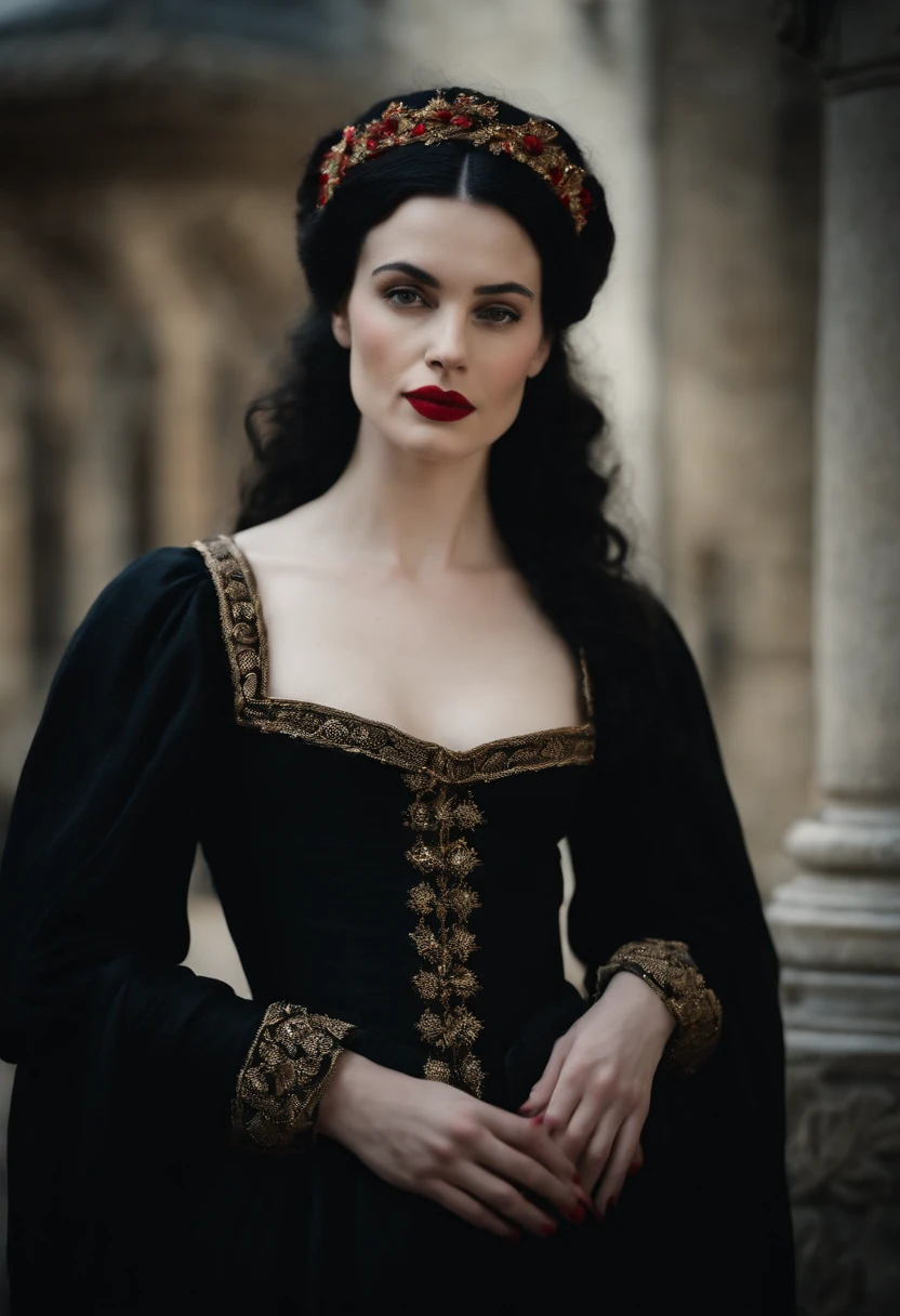 happy fourteenth century french courtesan beautiful in black clothing. Pale skin, Black hair, red lips