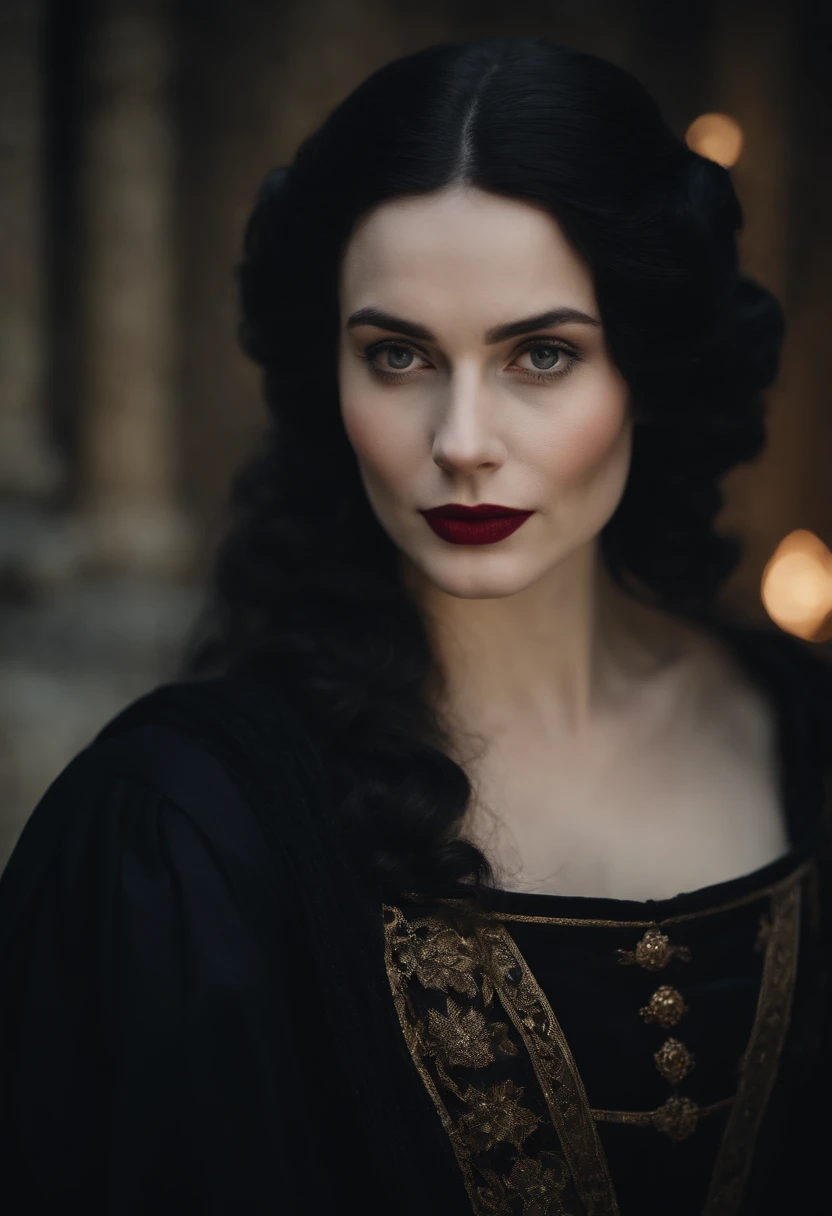 happy fourteenth century french courtesan beautiful in black clothing.  Pale skin, Black hair, red lips