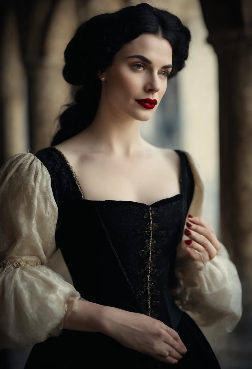 happy fourteenth century french courtesan beautiful in black clothing. Pale skin, Black hair, red lips