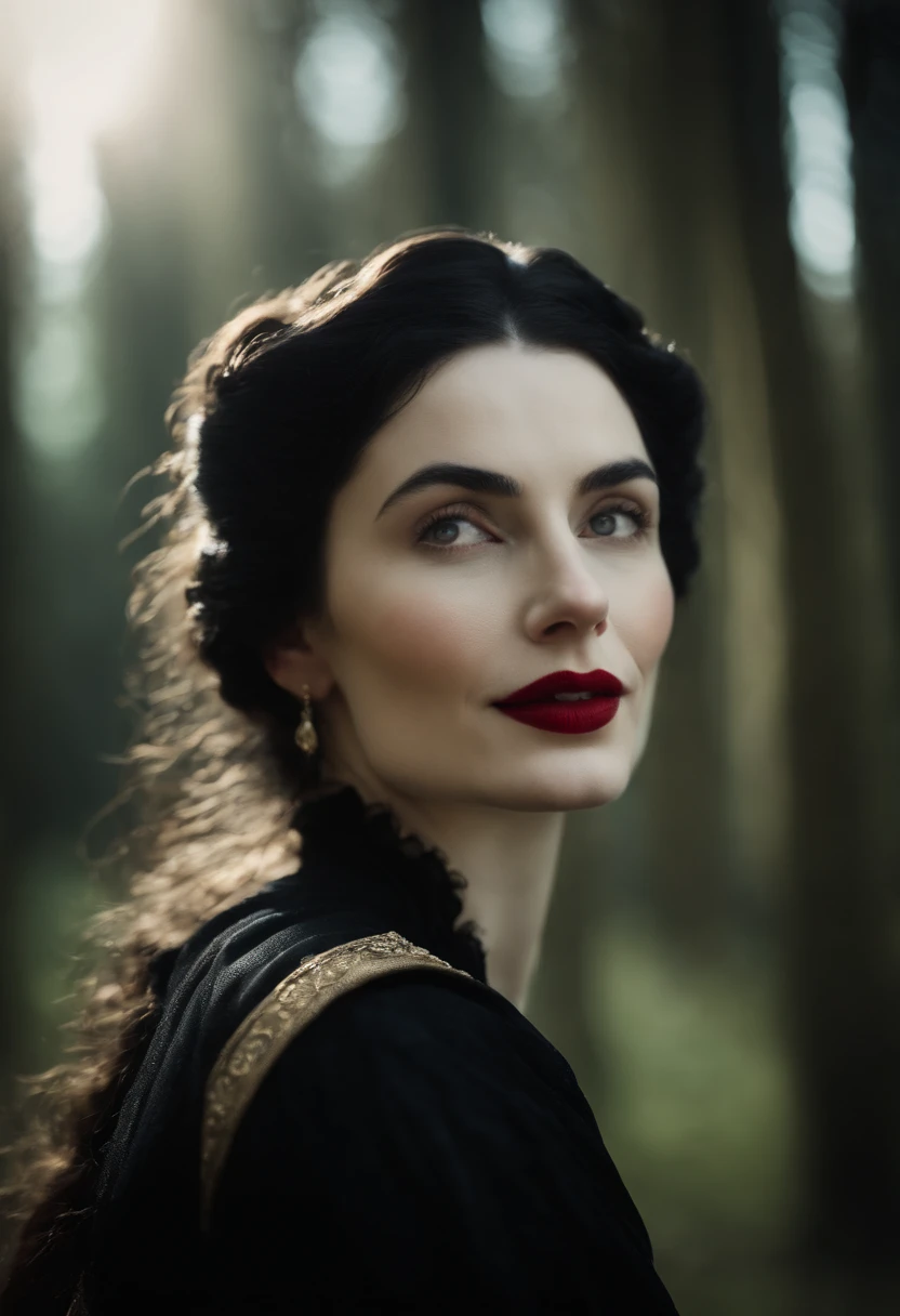 happy fourteenth century french courtesan beautiful in black clothing. Pale skin, Black hair, red lips