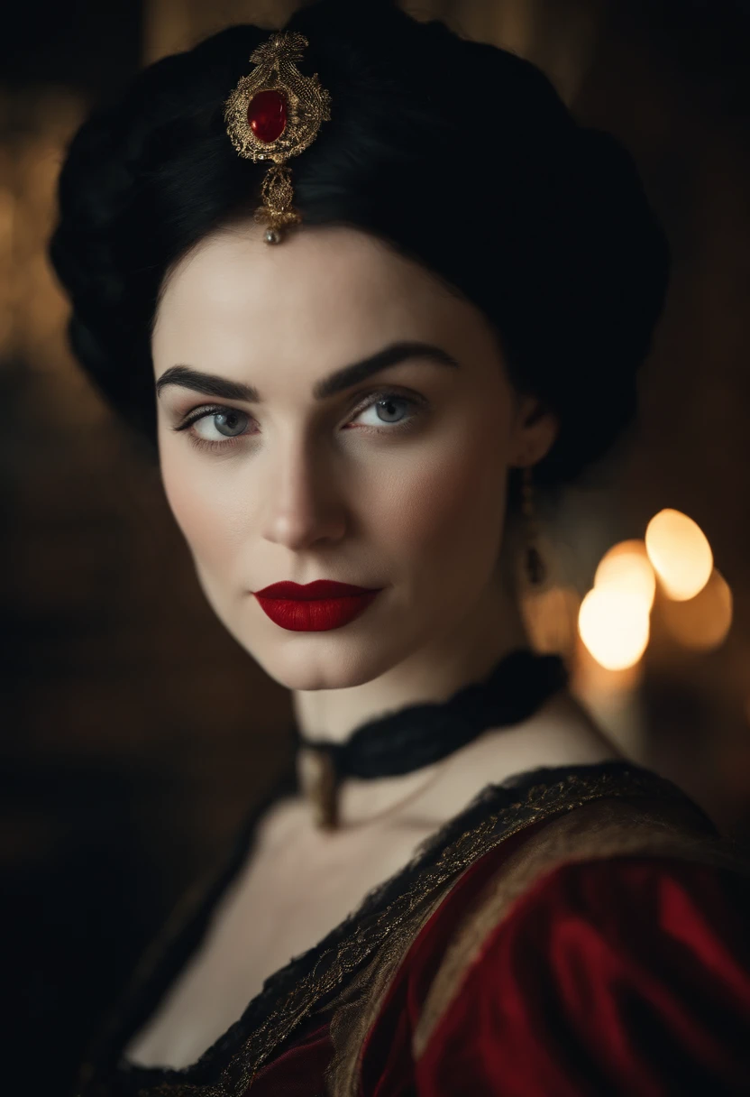 happy fourteenth century french courtesan beautiful in black clothing.  Pale skin, Black hair, red lips