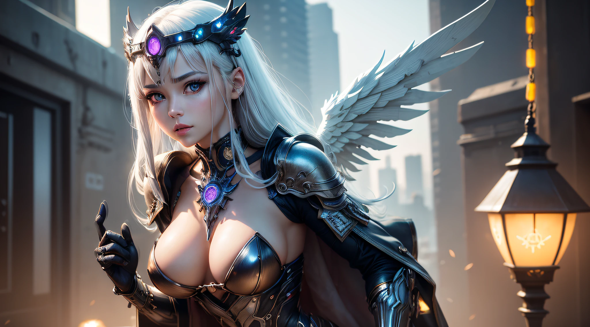 top-quality、​masterpiece、超A high resolution、(Photorealsitic:1.4)、Raw photo、Steampunk Battle Cyborg Angel、large wings made of metal、White porcelain body、Acrylic Clear Cover、white hair、glowy skin、1 Cyborg Girl、((super realistic details))、portlate、globalillumination、Shadow、octan render、8K、ultrasharp、character edge light,Colossal tits、Raw skin is exposed in cleavage、Details of complex ornaments、Sumerian details、Hydraulic cylinder、Small LED lamp、highly intricate detail、Realistic light、a purple eye、radiant eyes、Facing the camera、neon details、cowboy shot、Futuristic headgear、About Cyberpunk、、