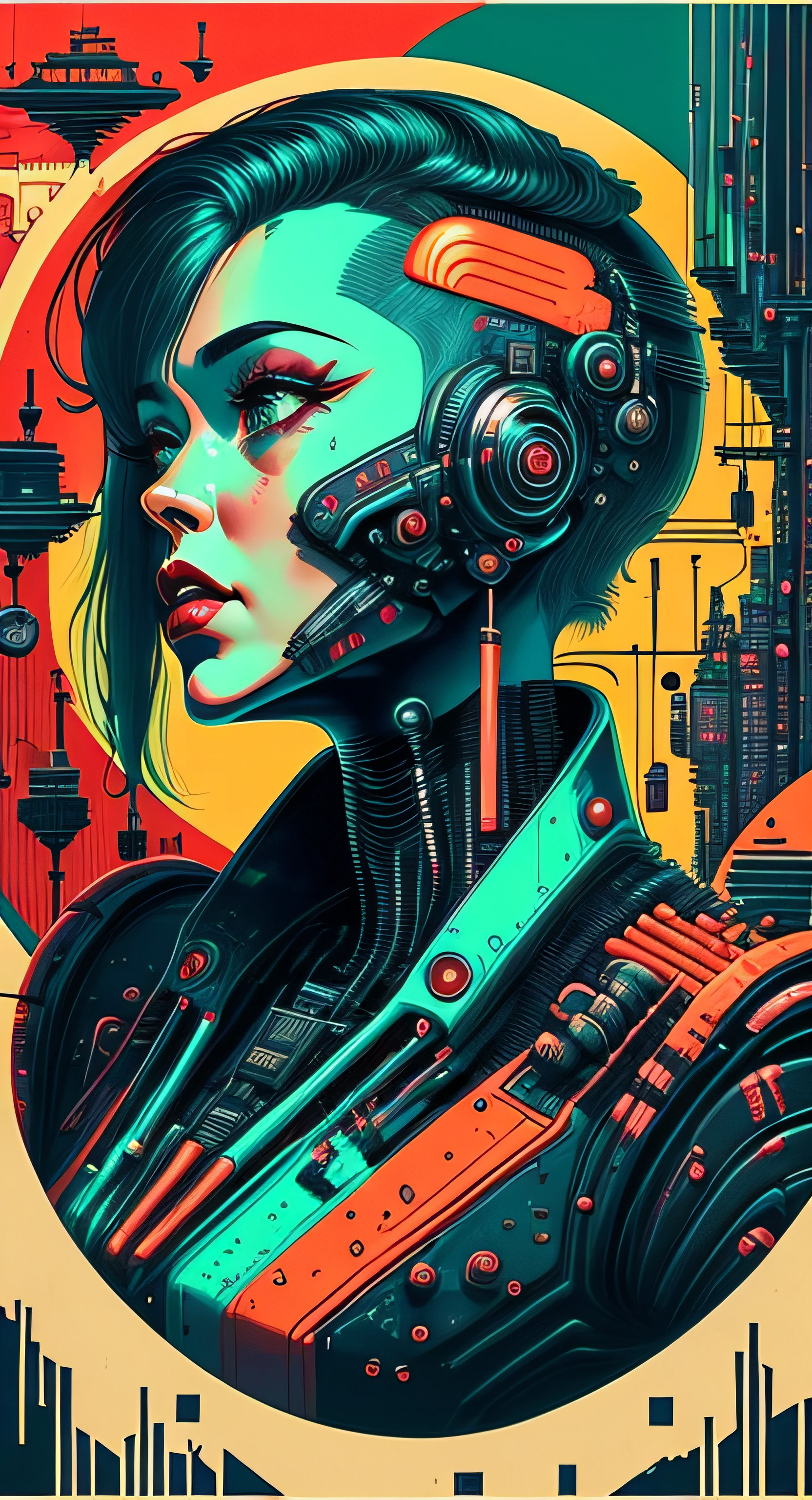 (masutepiece, 4K, ultra-detailliert, Raw photo: 1.2), Illustration, (1womanl:1), (single background: 1.4), (symmetry: 1.2), (Art deco:1.4), (retro-futuristic:1.4), (minimalism:1.4), (clean:1.4), (Flat_Color:1.4), (Cyberpunk:1.4), CCDDA Art Still、Music、