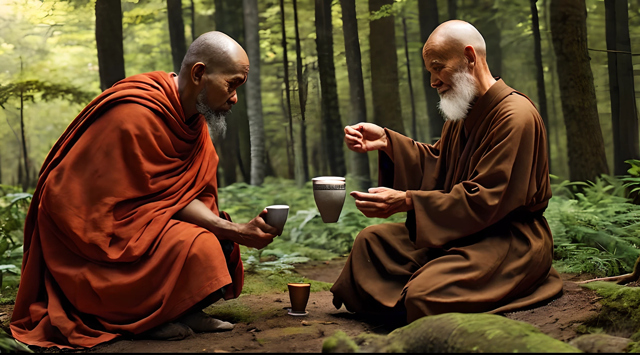 an old monk sitting giving a cup of clay to his 18 year old disciple in the forest, realistic, cinematic image, 2k