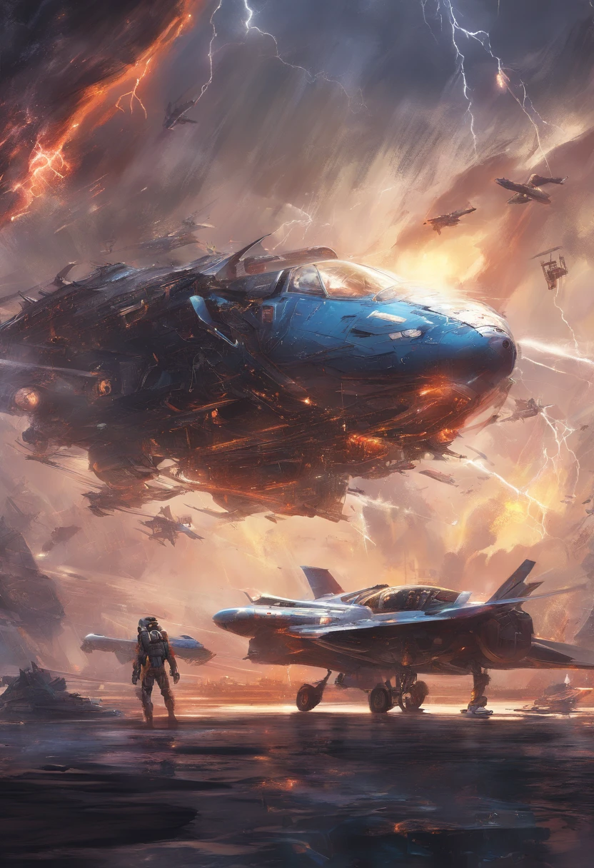 Surrounded by lightning, super detailed, Realistic, shiny, Reflective, cosmic space、Planes、Airplane only、Blue、1 machine、mechs、flight、Fighters