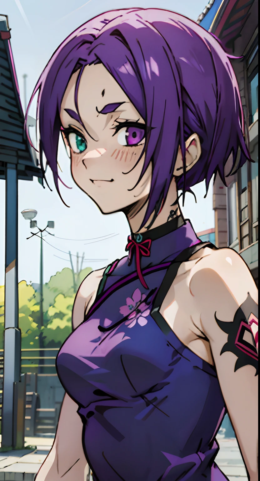 masutepiece, Best Quality, Ultra-detailed, Colorful,Up-close, Hyper-detailing,purple color hair, Reo Mikage, Blue Lock, no sleeves, Camisole and cheongsam, cheongsam, blue camisole, lower body only cheongsam, blue cheongsam, chinese clothes, Chest exposure, Underwear, Ruffled underwear, Metamorphosis is exposed, Choker, Black Choker, arm warmer, Relative area, The tattoo, arm tattoos, Dragon tattoo, body tattoo, face tattoo, Sexy breasts, Scar, Big breasts, red blush, 1girl in, Solo, Sharp face, Heterochromia, Green eyes, Purple eyes, Bare neck, Happy face, rays of sunshine, Brave Sky, shining sky, Shanghai Village, Slums