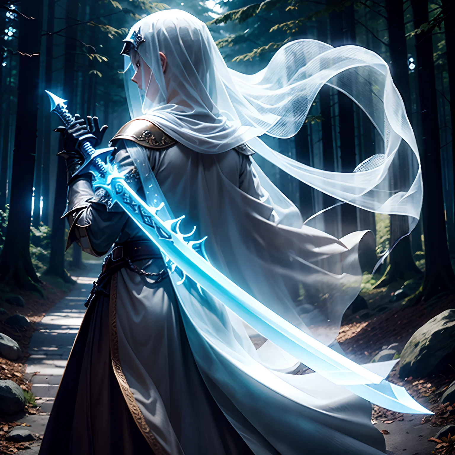 Transparent ghost，Transparent body，There is a very ordinary iron sword in the body，Ordinary iron sword，Unpretentious iron sword，Middle Ages style，dark screen，the dark forest，the phantom，neuter，