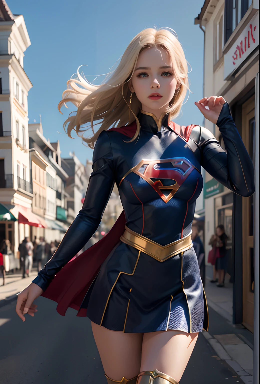 4k, Realistic, Charismatic, Very detailed, There's a blonde girl in the sky, vestido com uma fantasia de super menina, she's a super girl, superhero theme, cabelos curtos loiros, rabo-de-cavalo, 20 anos, corpo inteiro, (detalhe nos olhos), (detalhe no rosto), incrivelmente bonito, olhos azuis, corar, maquiagem, Red lipstick, minissaia, (quadris largos),  (coxas grossas), seios pequenos, vestir,, pose sedutora, (figura de ampulheta extrema), fino, esbelto, saia branca curta, Botas, camiseta apertada,  vestindo traje de supergirl apertada