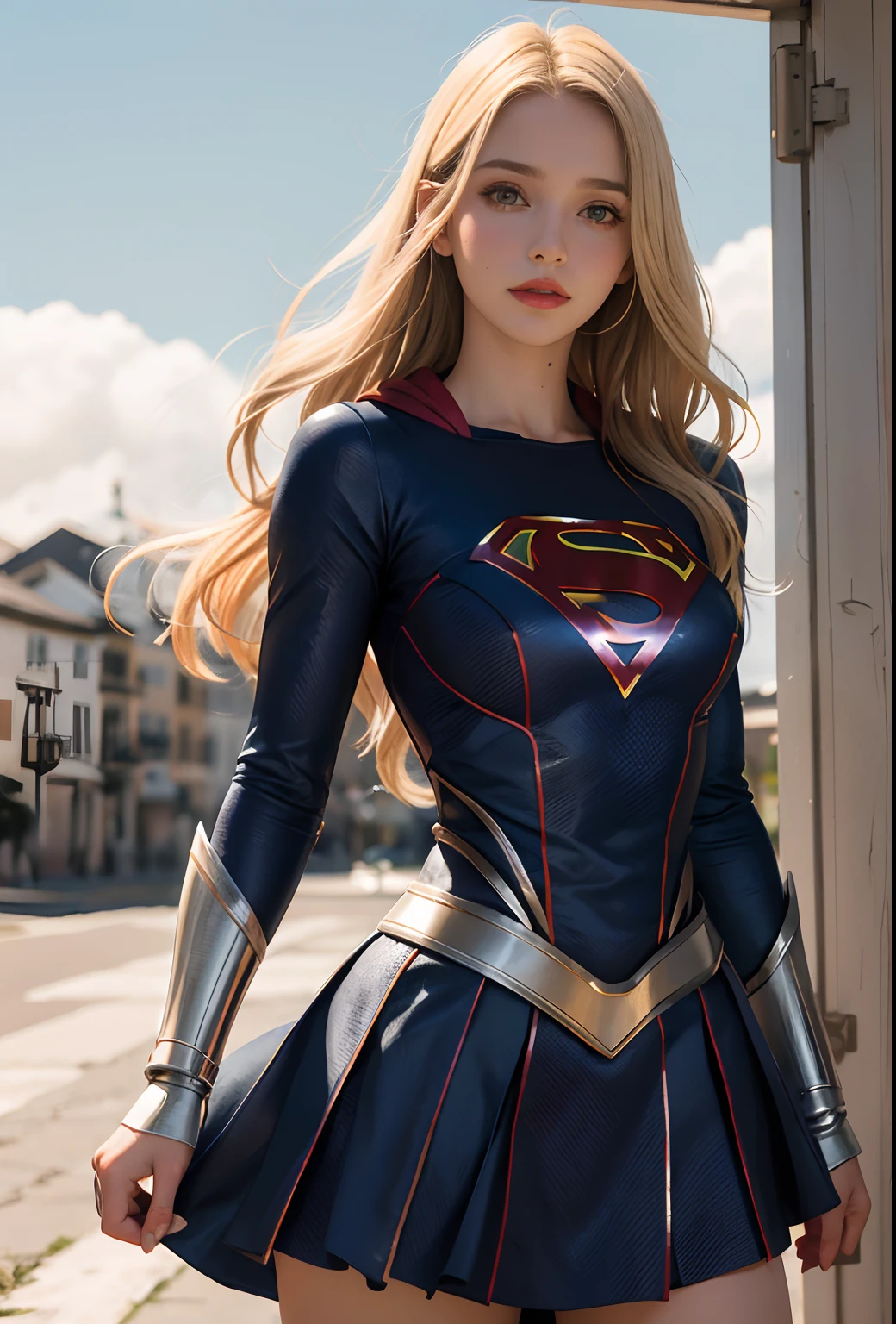 4k, Realistic, Charismatic, Very detailed, There's a blonde girl in the sky, vestido com uma fantasia de super menina, she's a super girl, superhero theme, cabelos curtos loiros, rabo-de-cavalo, 20 anos, corpo inteiro, (detalhe nos olhos), (detalhe no rosto), incrivelmente bonito, olhos azuis, corar, maquiagem, Red lipstick, minissaia, (quadris largos), (coxas grossas), seios pequenos, vestir,, pose sedutora, (figura de ampulheta extrema), fino, esbelto, saia branca curta, Botas, camiseta apertada, vestindo traje bem sexy de supergirl apertada