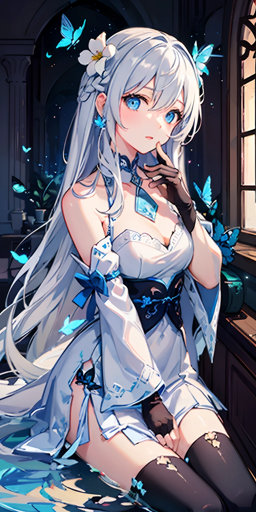 (Overhead view),dynamic angle,ultra-detailed, illustration, close-up, straight on, 1girl, (fantasy:1.4), (azure blue eyes:1.233),Her eyes shone like dreamy stars,(glowing eyes:1.233),(beautiful and detailed eyes:1.1),(Silver hair:1.14),(messy hair,very long hair,french braid,hair between eyes,sidelocks), (+(bule hair flower:1.14)),(chiffon dress,bule flower pattern in uniform)/=(military uniform:1.24),(detached sleeves,wide sleeves),(fingerless gloves),choker,(miko thighhighs),High heeled boots,(expressionless,closed mouth),(standing), (classical Princess boudoir with dressing tableand french windowin a white ancient palaces),(white flowers,bloom),(abysmal sea),(flowing water),(a dull blue world tree:1.14),(ruins),(night:1.2),dreamy,soul,(fluorescence),(flying translucent blue butterflies:1.15), [[delicate fingers and hands:0.55]::0.85],(detail fingers),(yubao:0.5),