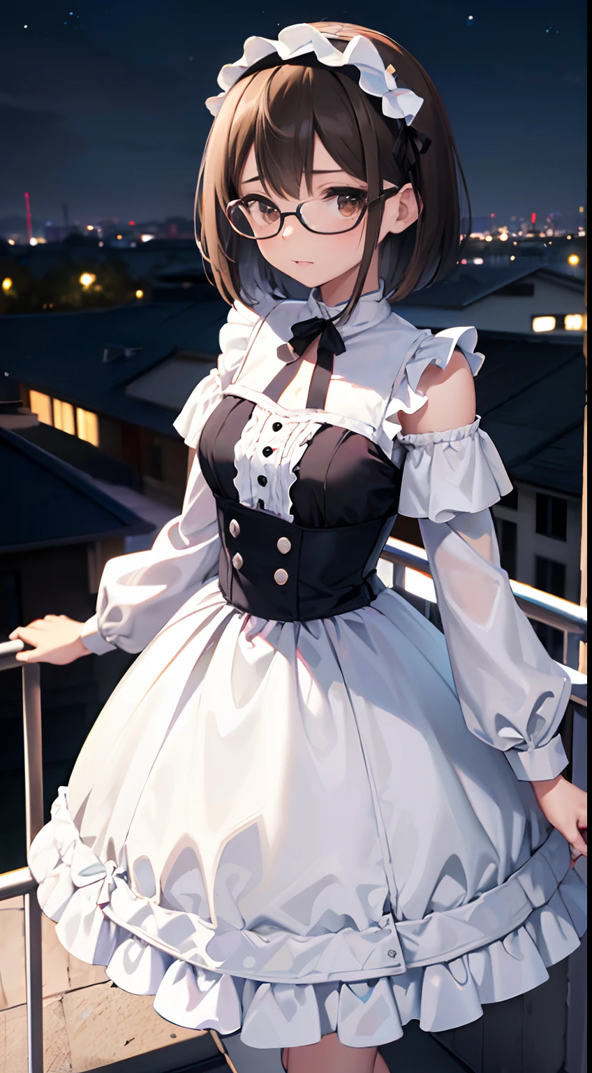(masutepiece, Best Quality, Capture super cute moments, depth of fields, ultra-detailliert, Ultra High Resolution, C4D, Octadale, 3D Modeling, 8K, 16 K, one girls,a , small tits,A dark-haired,short-hair,straight haired,Light brown eyes, horseshoe-shaped hairband,wearing black glasses,Cute face)、White Lolita、natta、On the roof of a building、nigh sky、neons