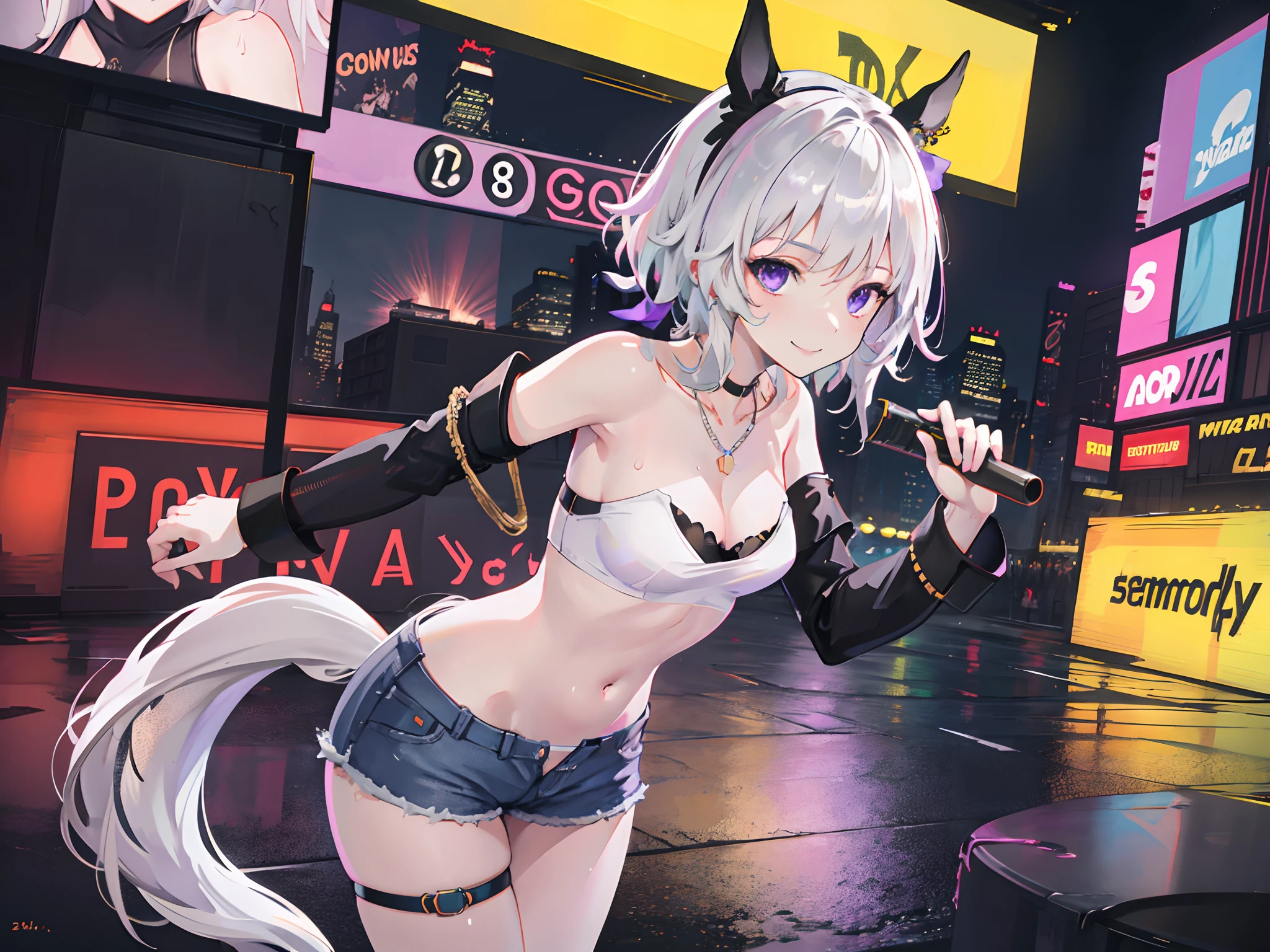 masterpiece, 1 girl, bandeau, tube top, high angle, intricately detailed, new york times square, night, neon lights, raining, puddle, streets, crowd, navel, necklace, holding smartphone, beautiful face, denim shorts, smiling, extremely detailed, photorealistic, octane render, 8 k, unreal engine. horse ears, horse tail, bare breasts, bare stomach, sweaty, people on background, heavy breathing, detailed, cowboy shot, small breasts, black belt, leg strap, hair ribbon, white hair, solo, cleavage, navel, purple eyes