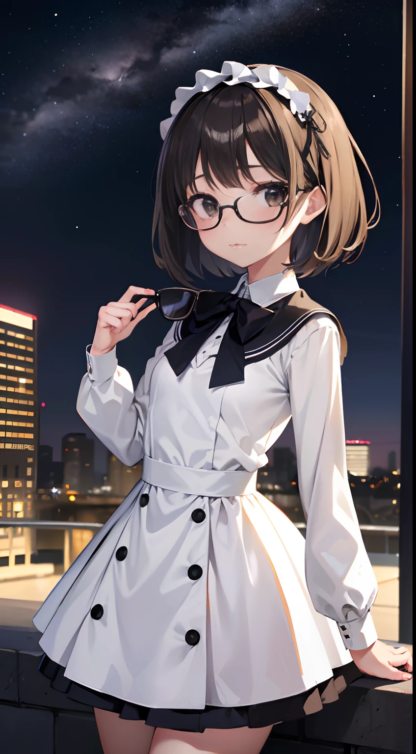 (masutepiece, Best Quality, Capture super cute moments, depth of fields, ultra-detailliert, Ultra High Resolution, C4D, Octadale, 3D Modeling, 8K, 16 K, one girls,a junior high school student, small tits,A dark-haired,short-hair,straight haired,Light brown eyes, horseshoe-shaped hairband,wearing black glasses,Cute face)、White ta、natta、On the roof of a building、nigh sky、neons