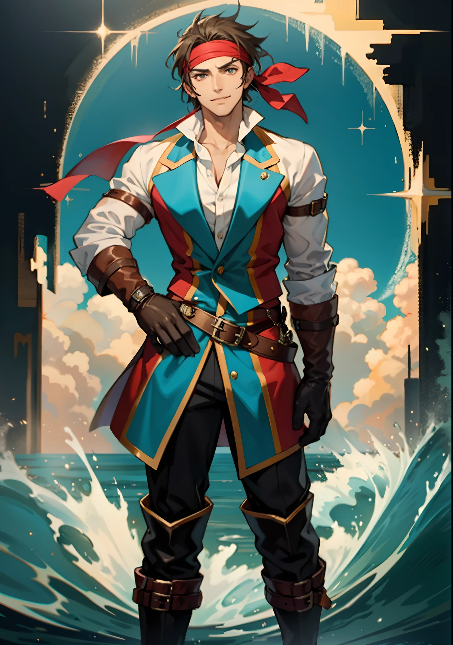 A man with short gray hair, Wearing a brown headband, deep-set eyes, a determined expression, a smiling face, he is dressed in a two-piece fantasy pirate-style leather outfit, flowing lower hem, short sleeves, gloves, a belt around his waist, coarse fabric trousers, long leather boots, the color scheme includes yellow and light blue and black and red, he has a tall stature, stands with his right hand on his hip, exuding confidence, in the background showcases the raging sea with towering waves, in the distance a thriving city can be seen, this character embodies a finely crafted fantasy-style pirate in anime style, characterized by an exquisite and mature manga illustration art style, high definition, best quality, highres, ultra-detailed, ultra-fine painting, extremely delicate, professional, anatomically correct, symmetrical face, extremely detailed eyes and face, high quality eyes, creativity, RAW photo, UHD, 8k, Natural light, cinematic lighting, masterpiece:1.5