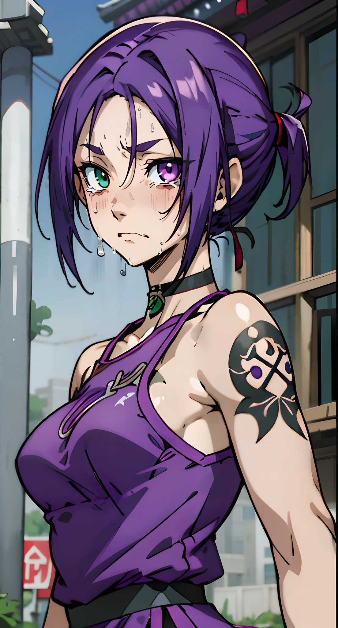 masutepiece, Best Quality, Ultra-detailed, Colorful,Up-close, Hyper-detailing,purple color hair, Reo Mikage, Blue Lock, no sleeves, Camisole and cheongsam, cheongsam, blue cheongsam, chinese clothes, Chest exposure, Underwear, Ruffled underwear, Metamorphosis is exposed, Choker, Black Choker, arm warmer, Relative area, The tattoo, arm tattoos, Dragon tattoo, body tattoo, face tattoo, Sexy breasts, Scar, Big breasts, red blush, 1girl in, Solo, Sharp face, Heterochromia, Green eyes, Purple eyes, Bare neck, Happy face, rays of sunshine, Brave Sky, shining sky, Shanghai Village, Slums