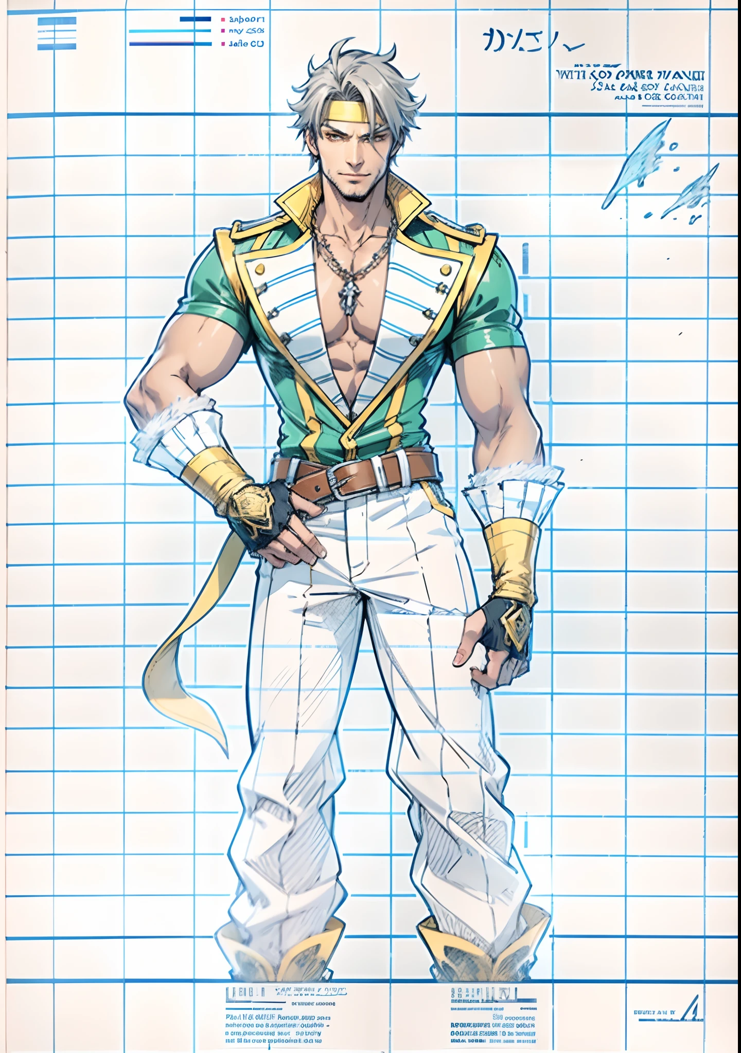 A man with short gray hair, Wearing a brown headband, deep-set eyes, a determined expression, a smiling face, he is dressed in a two-piece fantasy pirate-style leather outfit, flowing lower hem, short sleeves, gloves, a belt around his waist, coarse fabric trousers, long leather boots, the color scheme includes yellow and light blue and black and red, he has a tall stature, stands with his right hand on his hip, exuding confidence, in the background showcases the raging sea with towering waves, in the distance a thriving city can be seen, this character embodies a finely crafted fantasy-style pirate in anime style, characterized by an exquisite and mature manga illustration art style, high definition, best quality, highres, ultra-detailed, ultra-fine painting, extremely delicate, professional, anatomically correct, symmetrical face, extremely detailed eyes and face, high quality eyes, creativity, RAW photo, UHD, 8k, Natural light, cinematic lighting, masterpiece:1.5