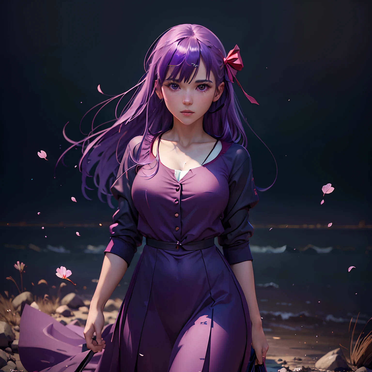 ((Personagem hyper realista)), (Sakura Matou de 18 anos), Grande Ordem do Destino, ((defronte, (corpo inteiro), corpo perfeito, corpo intrincado)), pernas grossas, mid hair, cabelo roxo, vestido preto com tons de roxo, /Hiper realista, qualidade extrema, maximum details, max quality, Hyper realistic Cinematic lighting/