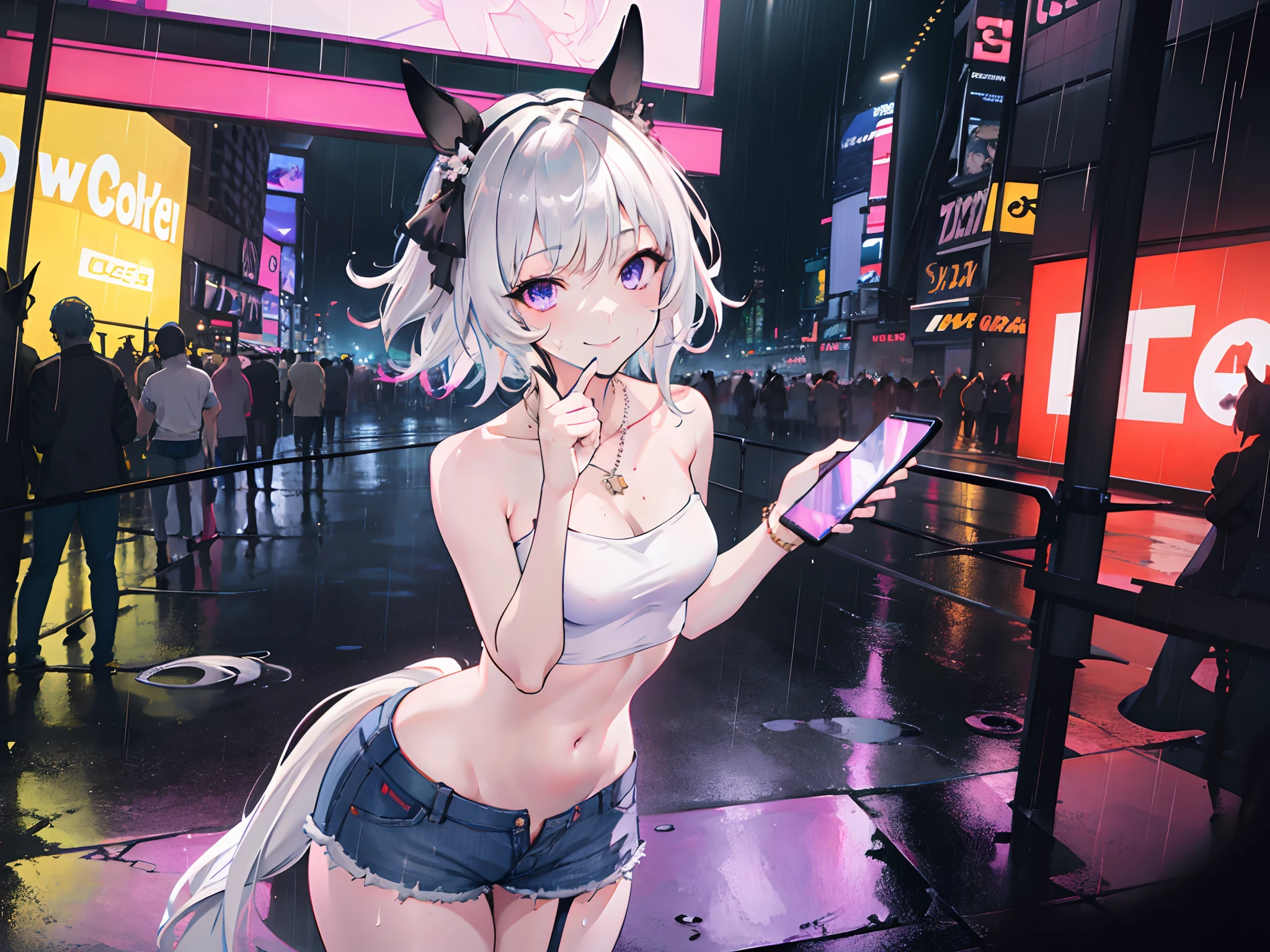 nsfw, masterpiece, 1 girl, erect , intricately detailed, topless, new york times square, night, neon lights, crossing, crowd, navel, necklace, holding smartphone, denim shorts, smiling, extremely detailed, photorealistic, octane render, 8 k, unreal engine. horse ears, horse tail, bare breasts, bare stomach, sweaty, people on background, heavy breathing, raining, puddle, wet body