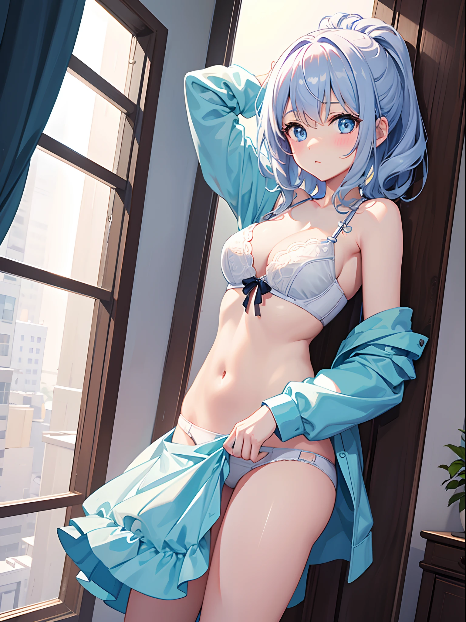 1girl in,Light Svert Medium Hair,Tying hair,Light blue eyes,Cute,blush,medium breasts, Roomwear, Underwear is visible, Best Quality++,Highest Quality++, Line,