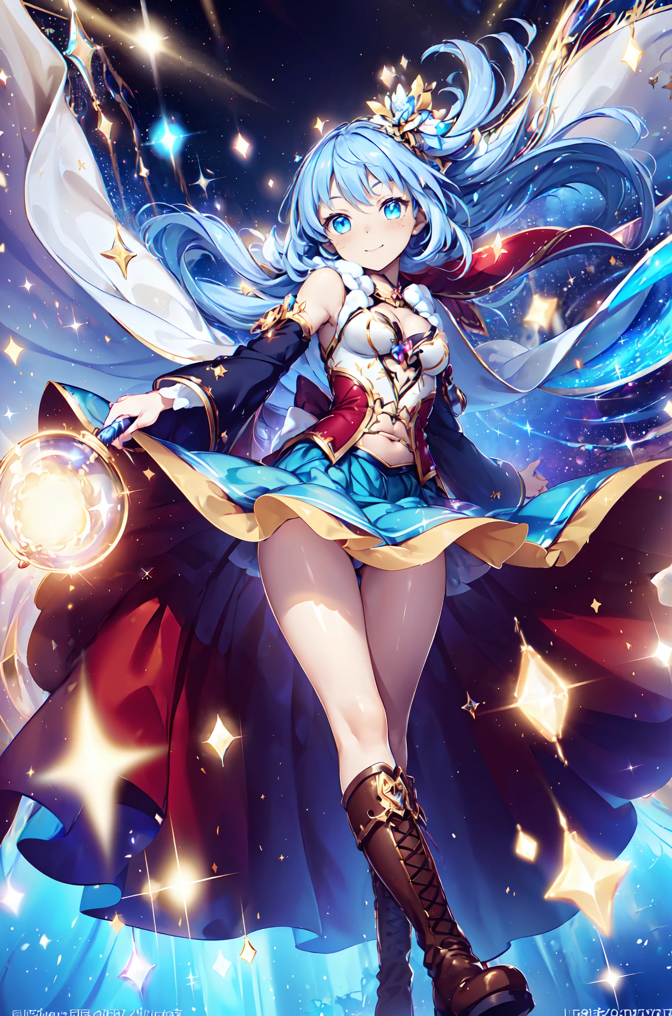((magical girl)), ((Gorgeous starry sky background)), ((Ultra-detailed)),(Best water illustration), ((Cinematic lighting)), Dynamic Angle, Floating, finely detailed,(Transparent outer skirt and streamers:1.1), (glitters:1.2), (Sparkle:1.2), (Shine:1.2), (Best quality), (Masterpiece:1.2), (Anime style), (Solo), Beautiful detailed face, (Cute face:1.3), Colorful hair, (Long hair:1.2), (Floating hair:1.2), (Love magic girl costume), detailed outfits, (Sparkling wand:1.3), (Magical effect:1.3), (Flowing skirt:1.2), (Cute boots:1.1), (Transparent fabric:1.1), (Twinkle:1.2), (Glow:1.2), (Radiance:1.2), (Flicker:1.2), (Dazzle:1.2),(The magic of love:1.3)