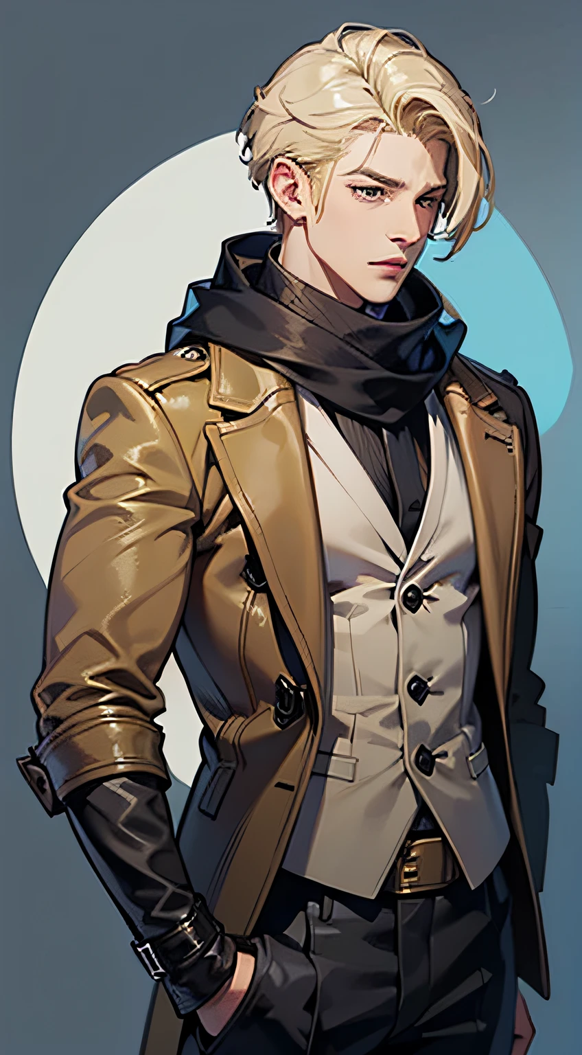 1male, age 38, light skin tone, longue blonde hair, mechanical blue right eye, brown left eye, leather coat, white sweater, Black scarf, Archery gloves, Blocky hunting bow behind your back, mature male, reference sheet, Dark Detective
