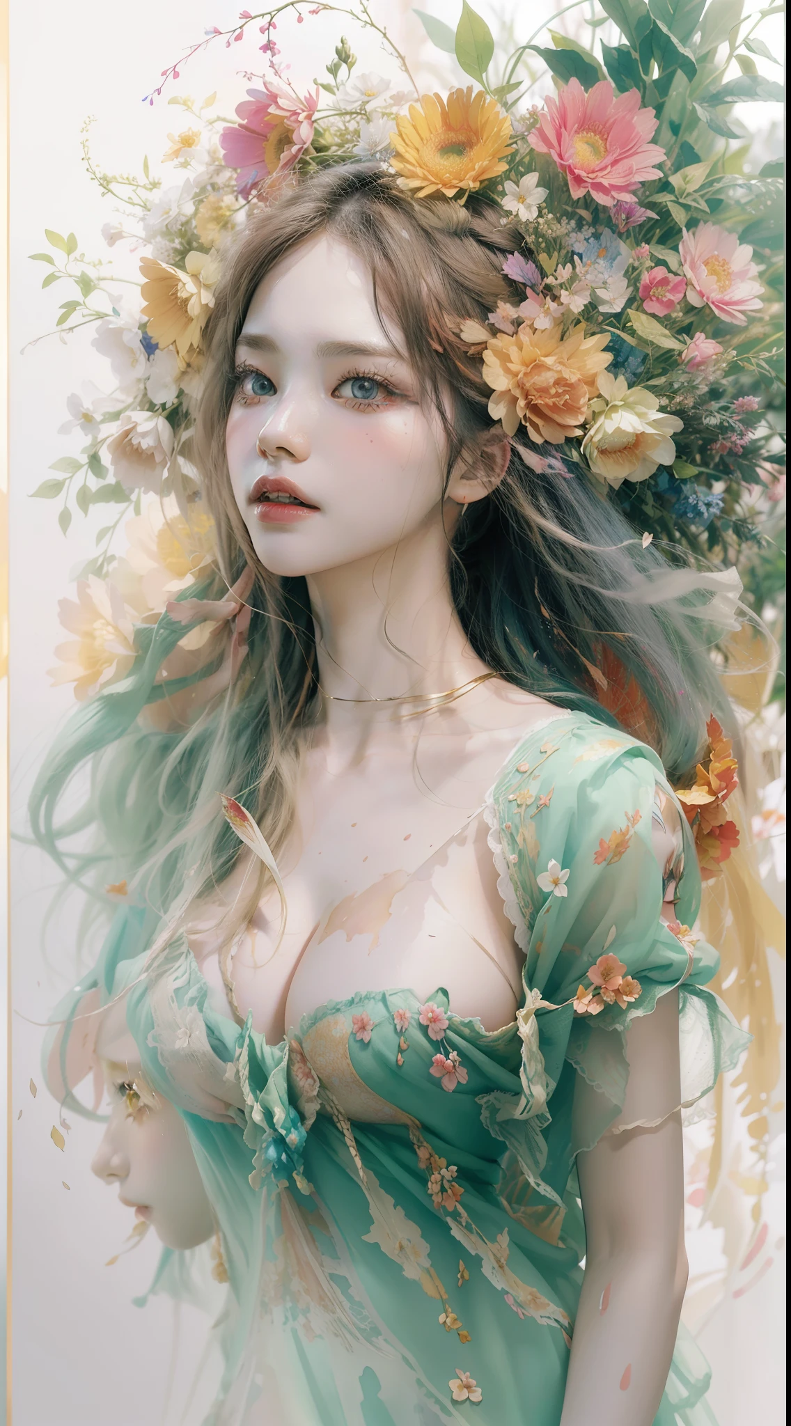 high quality, 8K Ultra HD, high detailed, Watercolor, wash technique, colorful, A painting with dripping and scattered paint, Painting like Agnes Cecile, blurry, pale touch, smudged outline, like a fairy tale, Beautiful woman made with flower colorage,  huge breasts, dramatic lighting, expressing women using flowers and plants, cutting and combining petals and leaves, drawing women's hair and dresses using the colors and shapes of flowers, vivid colors and nature, luminism, three dimensional effect, enhanced beauty, Albert Anker, Feeling like John Howe, Greg Rutkowski, Feeling like Kyoto Animation, Artgerm, WLOP, Alphonse Beeple, luminism, Isometric, awesome full color,