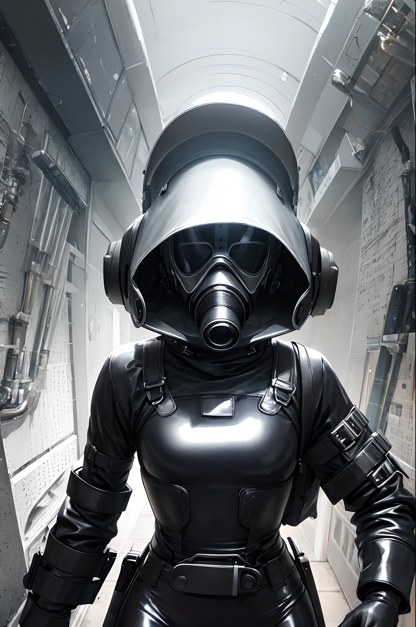 5 8K Ultra HD、emulation，The girl wears a black shiny black all-pack gel suit，Wear a black full-face gas mask，Cover the entire head，standing on your feet、Wear shiny black latex gloves，Hide skin、black latex gloves、up of the upper body，(One man only，There are no additional limbs，Showing the whole body，Physical integrity