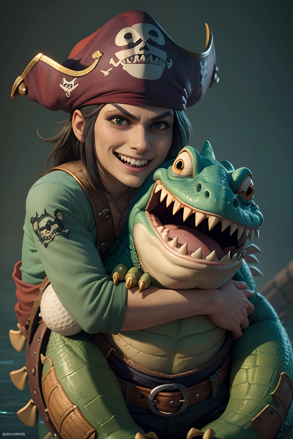 Funny pirate hugs funny crocodile, a closeup of a, Disney Pixar's cartoon style, many details