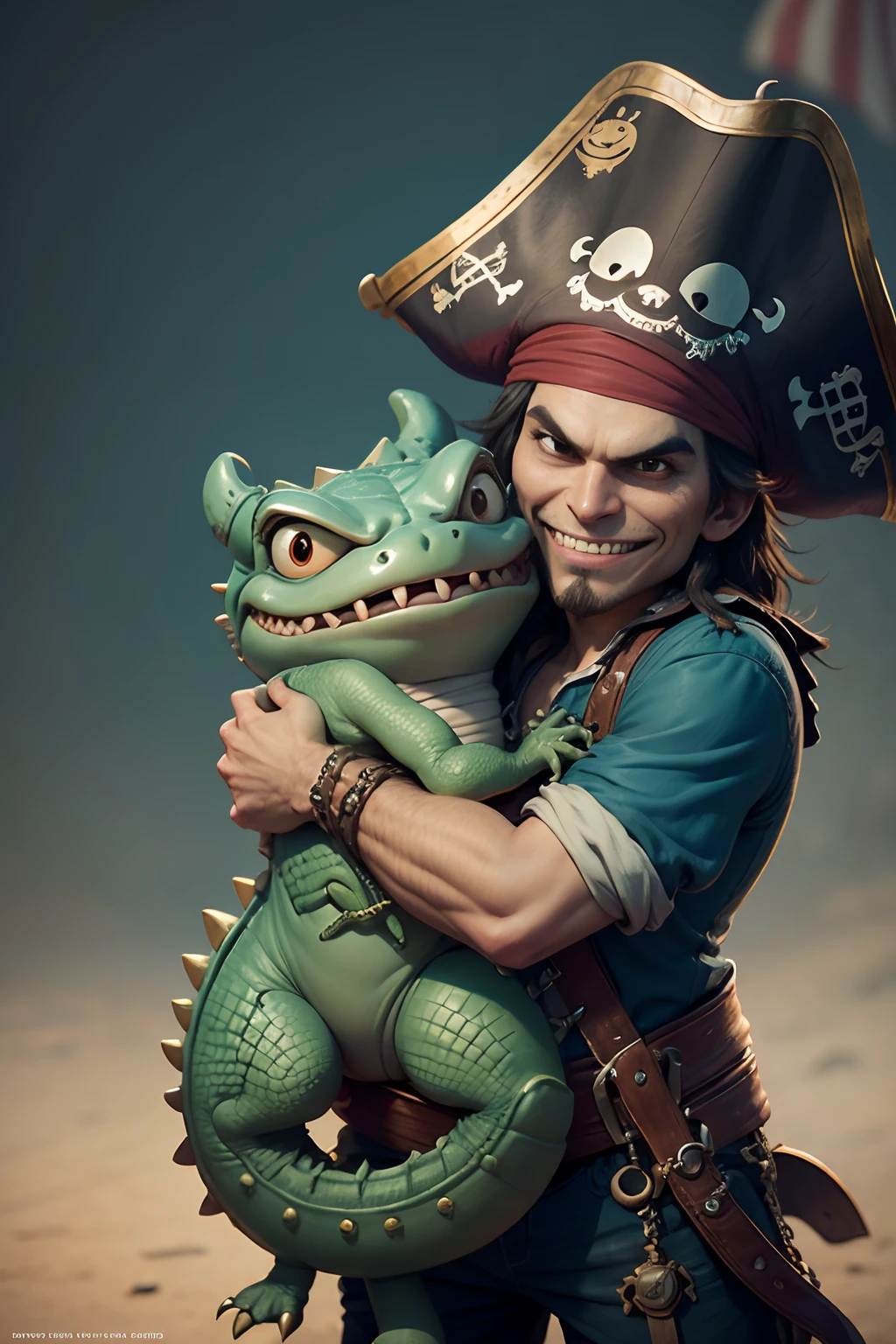 Funny pirate hugs funny crocodile, a closeup of a, Disney Pixar's cartoon style, many details