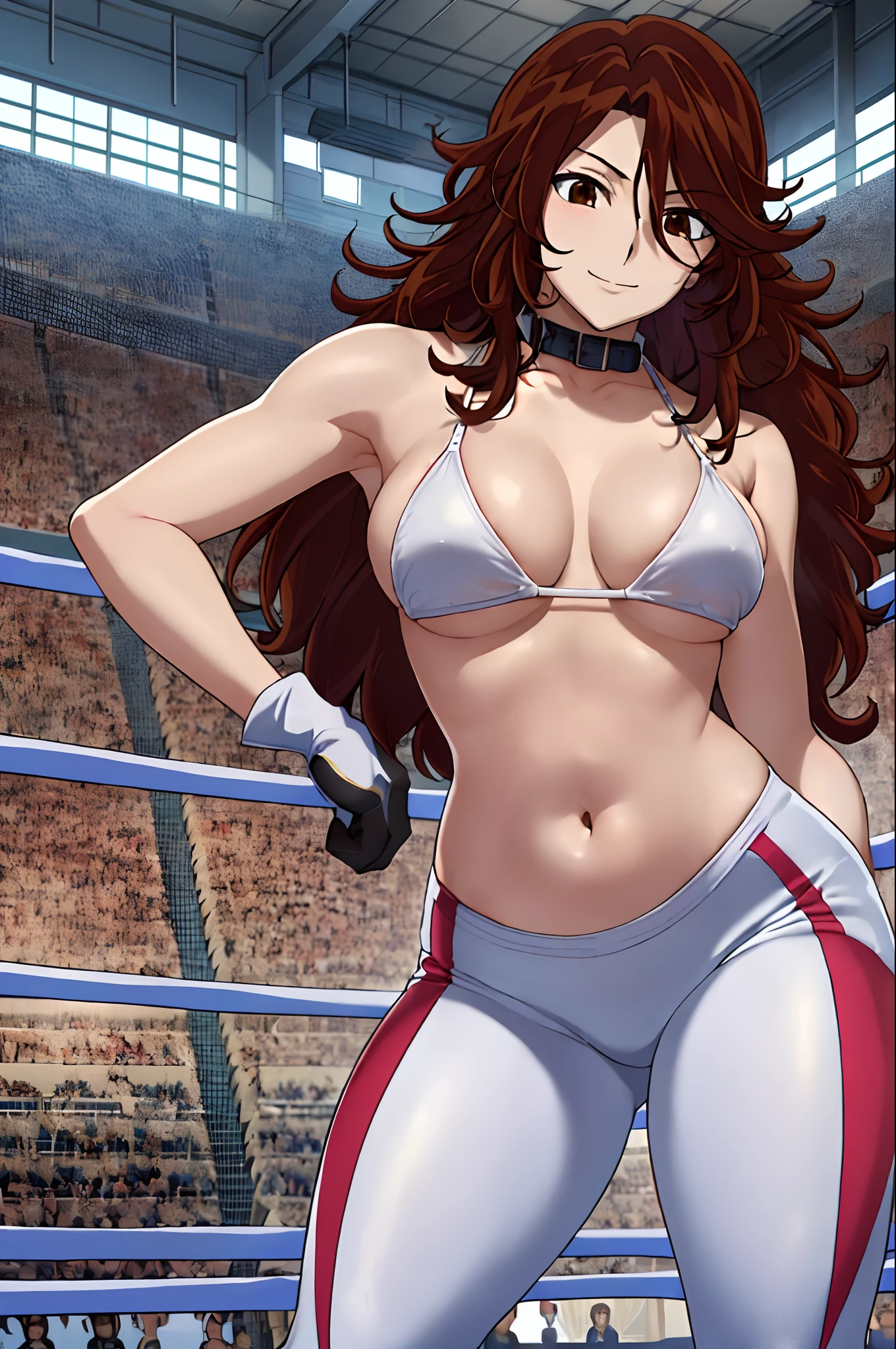 cowboy shot, upper body view, anime style: 1.8, anime drawing, ultra detailed face, ultra detailed body, 4k, Sumergai Lee Noriega, (standing), best quality, anime style, hires, highest definition, digital blending, bold drawing lines, ((slender body, female wrestler), (location: wrestling arena, crowds watching), (weak body, slender body, broad shoulders, , smelly armpit), ((white micro bikini top, long pants, white boots, white gloves, collar)), victorious, winner, smile, , (big breasts), (big eyes, brown eyes), (warming up), (brown hair, loose hair, curly hair, wavy hair, long hair, missy hair), 27 years old,