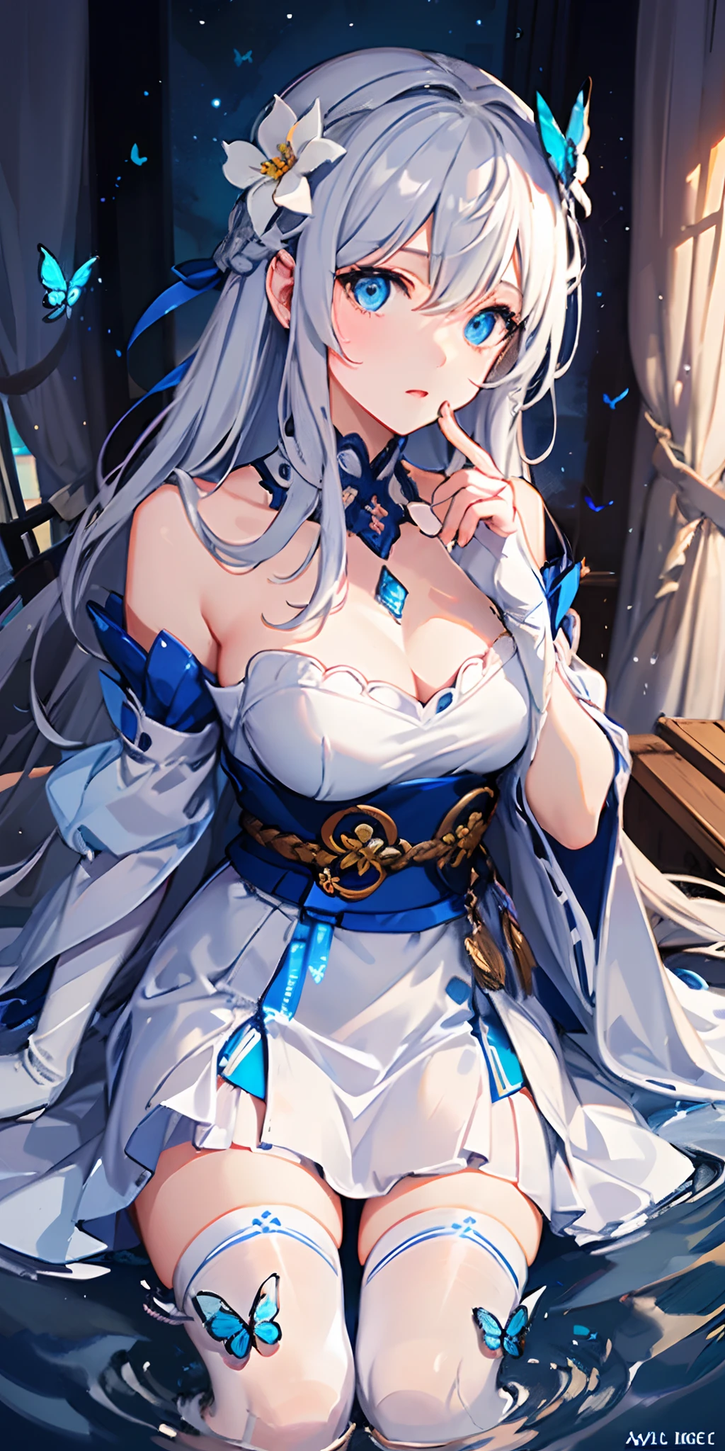 top-quality、At the End of the Creation of the Universe、(looking-down),Dynamic Angle,ultra-detailliert, illustratio, gros-plan, Straight, One girl, (Fantasia:1.4), (azure eyes:1.233),Her eyes shone like dreamy stars,(radiant eyes:1.233) ,(beautiful and delicate eyes:1.1),(Silver hair:1.14),(Unkempt hair,Very long hair,Braids,hair between eye,side locks), (+(Bullhair flower:1.14)),(Chiffon dress,Blue floral pattern on uniform)/=(military outfits:1.24),(no sleeves,wide sleeves),(Fingerless gloves),a choker,(Miko Niso),high-heels,(deadpan,Mouth closure),(white blossoms、florals),(abyssal),(flowingwater),(a dull blue world tree:1.14),(Ruins),(natta:1.2 ),Dreamy,Seoul,(fluorescent),(Translucent blue butterfly flight:1.15),[[Delicate fingers and hands:0.55]::0.85],(yubao:0.5),(Official art、Beautifully Aesthetic:1.2)、(Fractal Art:1.3)、looking at the viewers、patterns、(rainbow-colored hair、colourful hair、Half blue and half pink hair:1.2)、Eau、liquids、​​clouds、colourfull、starrysky、stele、