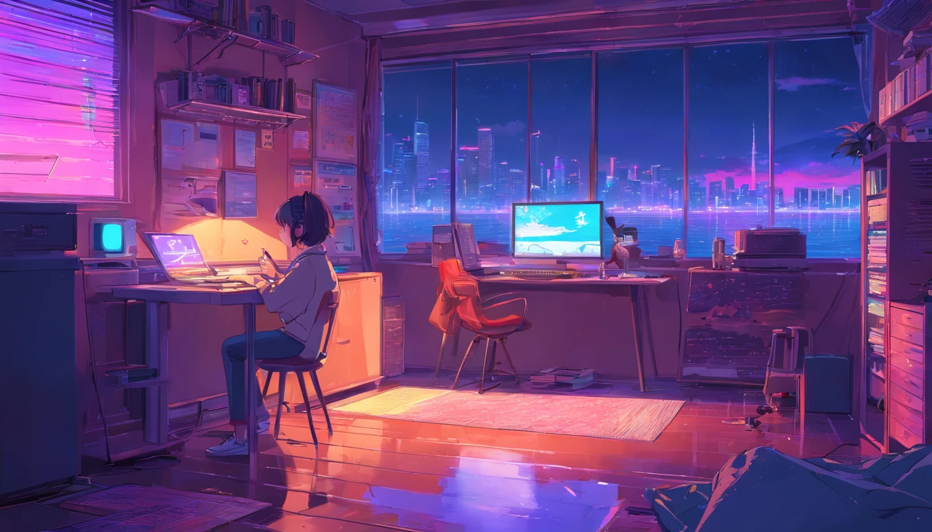 (zero), Girl studying in her room, reading a book, Wear headphones, , night lights, Neon landscape on a rainy day,Analog Color Theme, Lo-Fi Hip Hop , retrospective, flat, 2.5D ,Draw a line, Ink Drawing, Large slope, Watercolor painting, Goosch Colors, Studio Ghibli Style, Awesome colorful, Outer Ton, Synthwave, lofi art,90s style,Old texture, amplitude,90s vibe, masutepiece, Tremendous technology, 16:9 scale