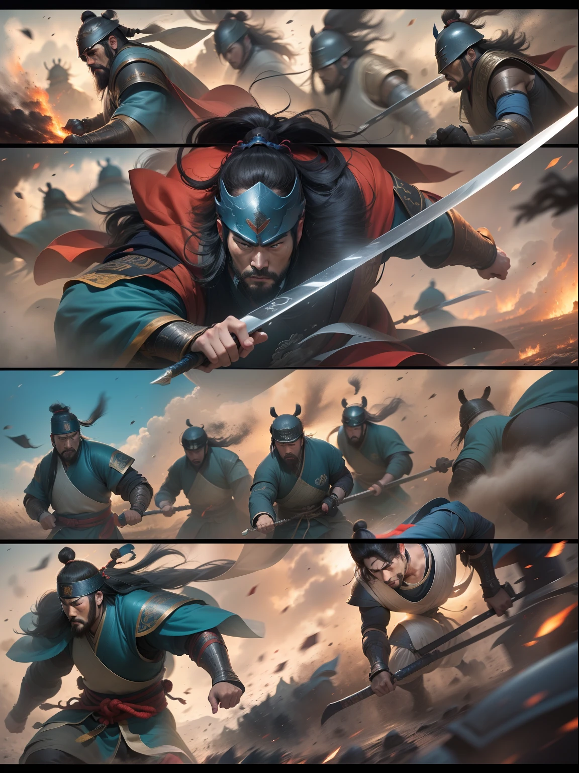 [illustratio，Story split-shots]comic page，There are multiple screens on one page: Chinese male warriors of the Qin Dynasty, A cold face，Symmetrical body, Bloody battle robes，Armed with a blue-edged sword，standing in the wind（Side half close-up）。The battle flag is skewed，Wolf smoke is everywhere，Enemies in the distance are rushing towards him（bblurry，Faraway view）。[Multi-camera continuous shooting]:Ultra-wide angle, Cinema lenses,Motion capture, Chiaroscuro, Depth of field 1.8，The protagonist is focused，Cinema lenses，Zao Wou-Ki style