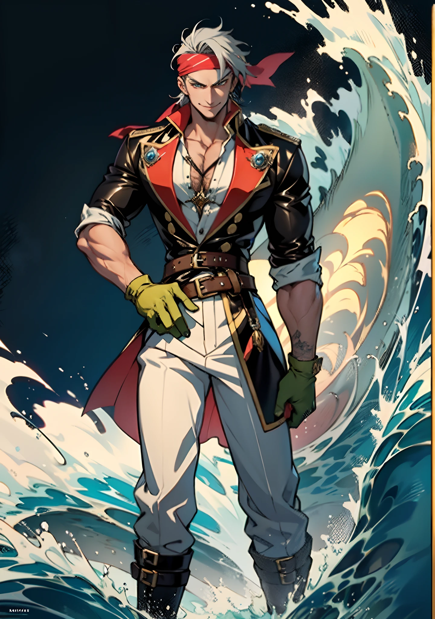 A man with short gray hair, Wearing a brown headband, deep-set eyes, a determined expression, a smiling face, he is dressed in a two-piece fantasy pirate-style leather outfit, flowing lower hem, short sleeves, gloves, a belt around his waist, coarse fabric trousers, long leather boots, the color scheme includes yellow and light blue and black and red, he has a tall stature, stands with his right hand on his hip, exuding confidence, in the background showcases the raging sea with towering waves, in the distance a thriving city can be seen, this character embodies a finely crafted fantasy-style pirate in anime style, characterized by an exquisite and mature manga illustration art style, high definition, best quality, highres, ultra-detailed, ultra-fine painting, extremely delicate, professional, anatomically correct, symmetrical face, extremely detailed eyes and face, high quality eyes, creativity, RAW photo, UHD, 8k, Natural light, cinematic lighting, masterpiece:1.5